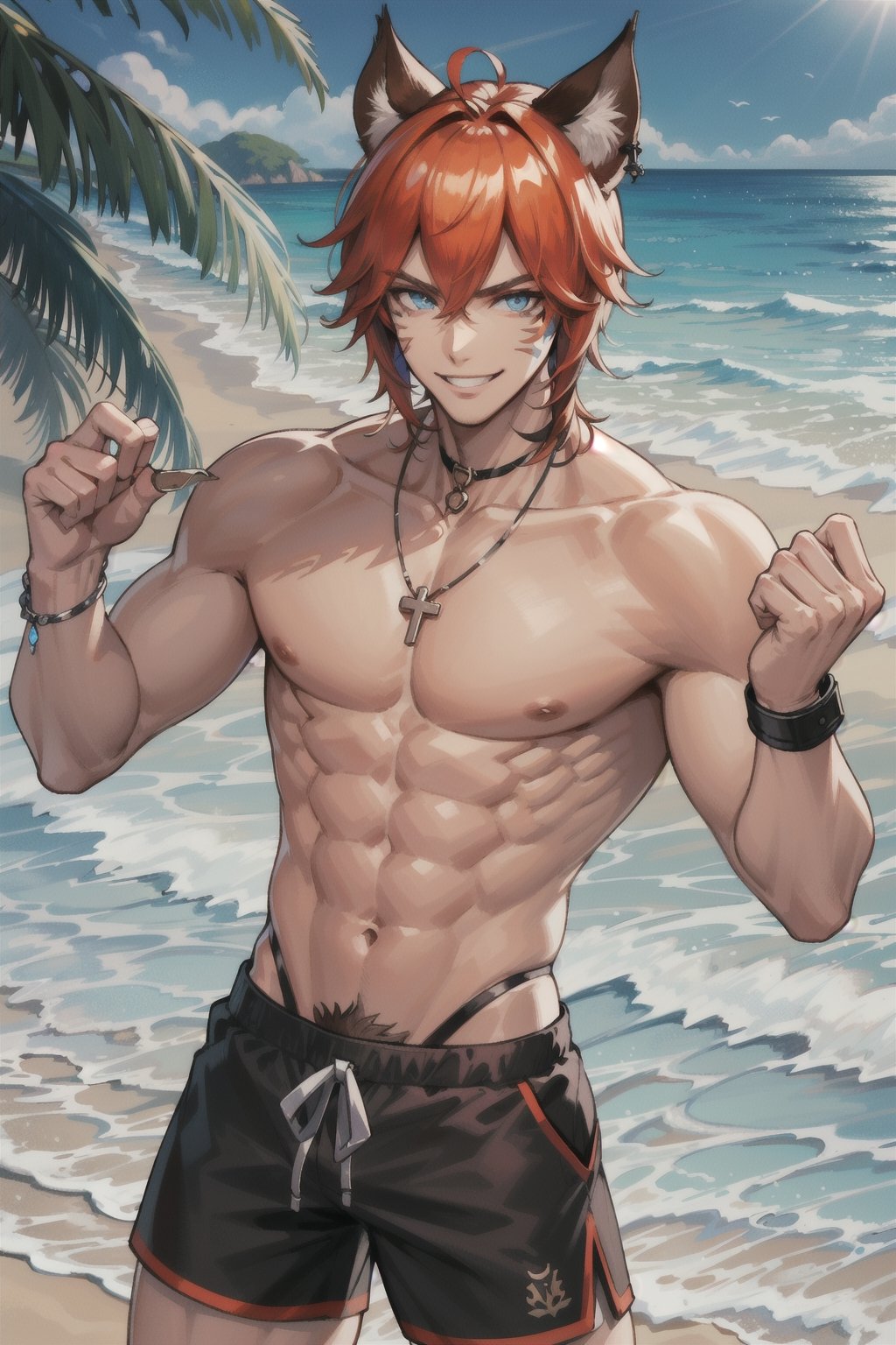 Gladi, Blue eyes, facial mark, beach, beach_shorts, shirtless, muscles, smile, champion, fighting, necklace