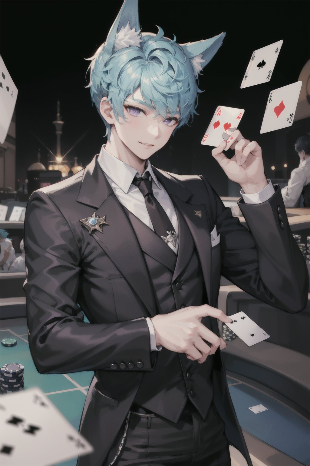 1boy, Esker, blue hair, Purple eyes, solo muscle, casino, playing cards, trusted, elegant suit, fox ears,