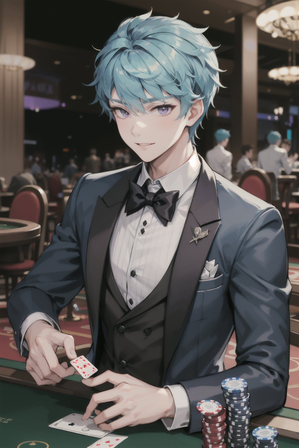 1boy, Esker, blue hair, Purple eyes, solo muscle, casino, playing cards, trusted, elegant suit