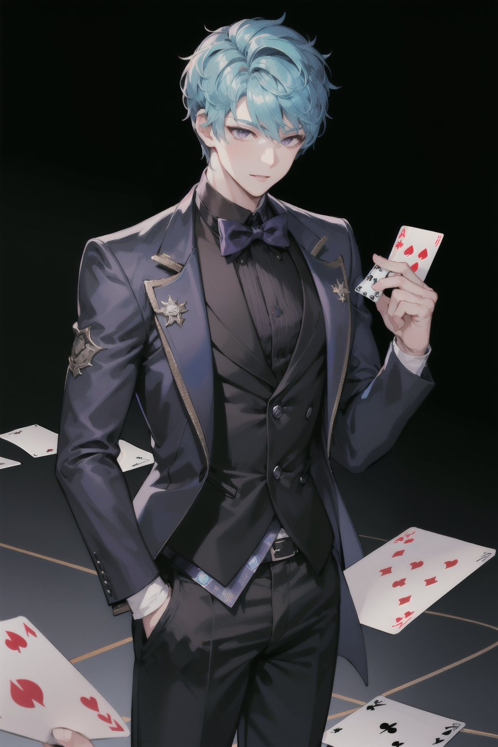 1boy, Esker, blue hair, Purple eyes, solo muscle, casino, playing cards, trusted, elegant suit