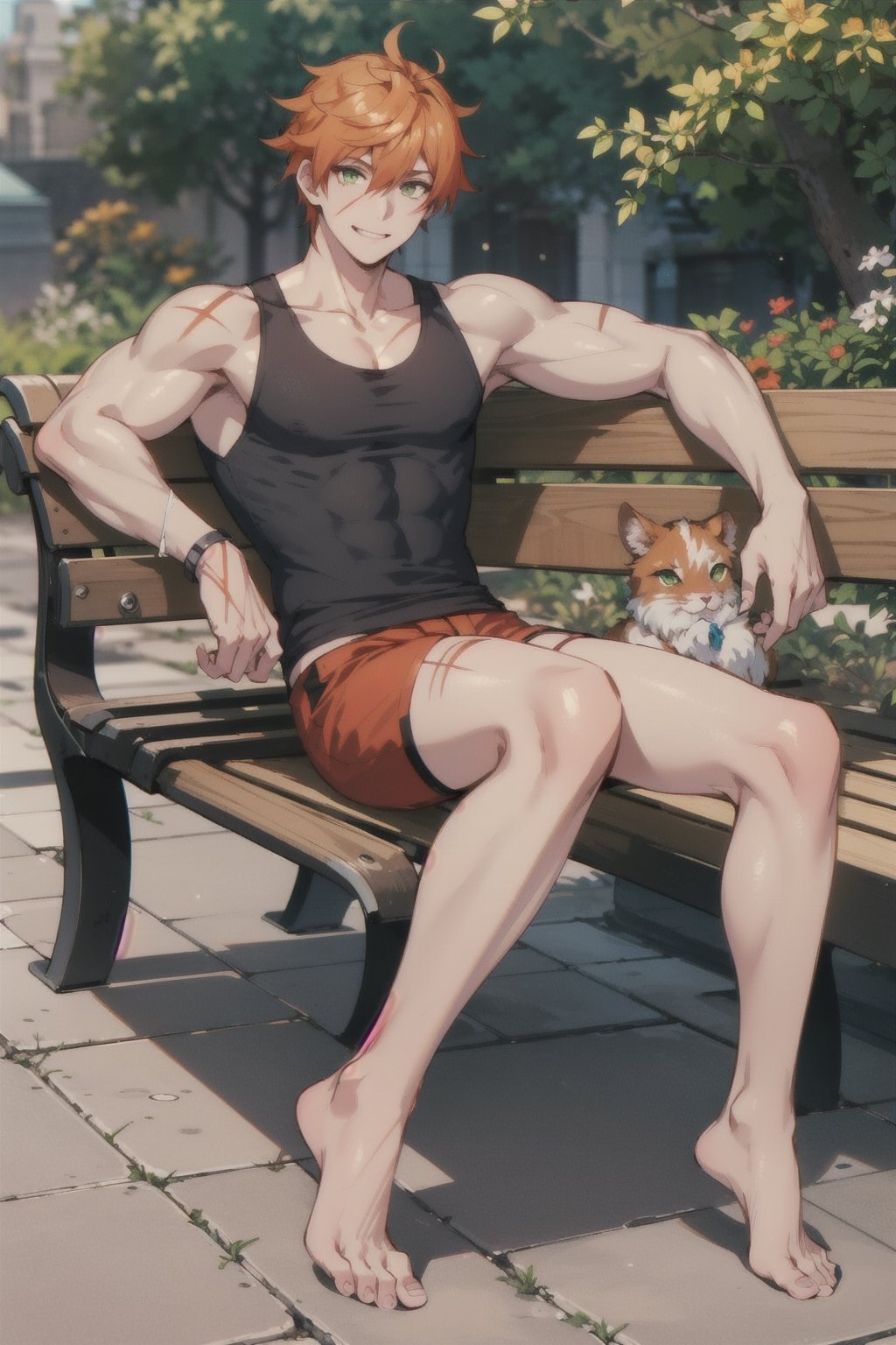 Roi, scar on face, Orange hair, Green eyes, defined muscles, solo, male, black tank_top, red shorts, barefeet, looking at viewer, smile, city ,1boy, sitting on a bench, legs crossed