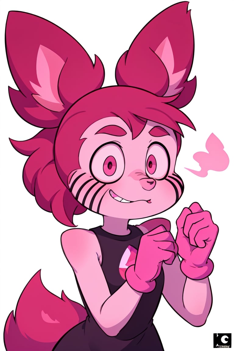 Spinel, pink hair, dark pink hair,Steven Universe, 1girl, solo, master piece, perfect body, pigtail hair, pink gloves, furry, furry version, cat face, wolf ears, wolf tail, a wolf tail on her , pigtails, spike pigtails, perfect face, light pink skin, perfec nose, pink skin, 1girl, perfect anatomy, front body view, front face view, one tail, female_solo, front body view, looking_at_camera, cat nose, looking-at-viewer, pov_eye_contact , masterpiece, best quality, upper_body, wolf_tail, with_tail, spinel with tail, spinel_with_a_tail, girl_with_tail, front view, wolf_tail_in_her, perfect tail anatomy, defined tail, perfect wolf tail, tail in body, slim tail, conected tail to body, perfect tail anatomy, spacial background  correct nose, perfect nose,  steven universe, 5fingers, 1 wolf tail, one wolf tail, 1tail,cartoon, pink hair, perfect furry face, furry girl, kemono, dark pink tail, dark pink wolf tail,