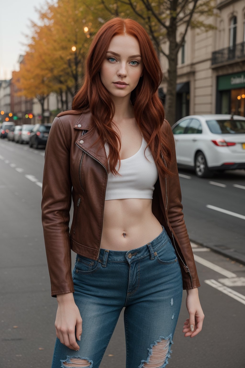 detailed face, standing, full body, solo, 
Female; Long, flowing red hair with  (detailed green eyes:1.1); Caucasian with Scottish and Italian heritage; slender body type; 25 years old; wearing a leather jacket, ripped jeans, and combat boots.
