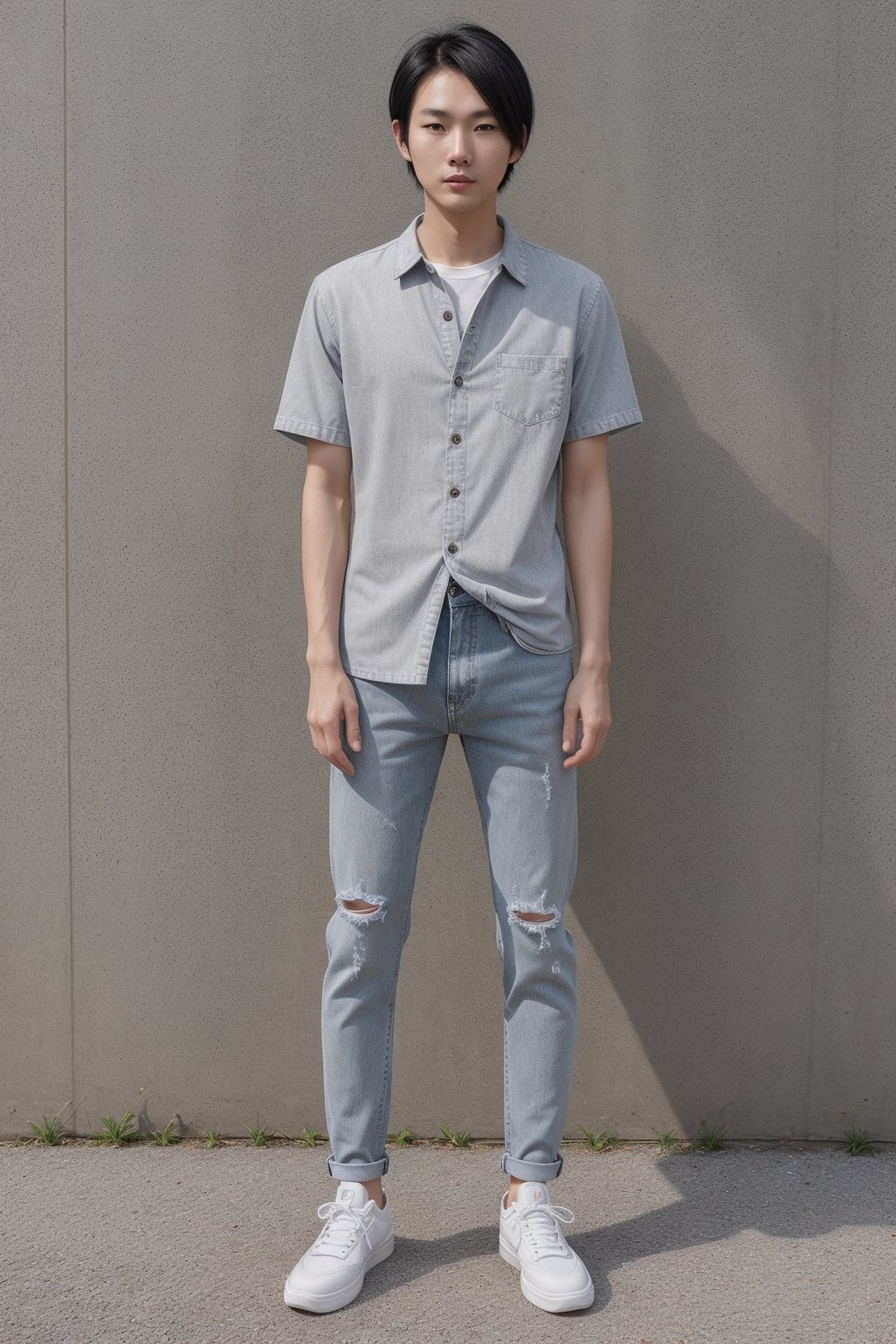 detailed face, standing, full body, solo, Medium-length straight black hair with piercing gray eyes; East Asian with Korean and Vietnamese ancestry; slim body type; 23 years old; dressed in a casual button-up shirt, jeans, and sneakers.