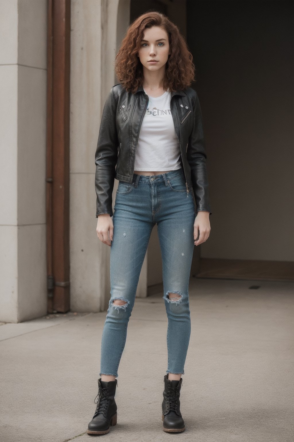 detailed face, standing, full body, solo, Short, curly auburn hair; bright green eyes; Caucasian with Irish and Swedish ancestry; slender body type; 20 years old; dressed in ripped skinny jeans, a vintage rock band t-shirt, and a leather jacket, paired with combat boots.
