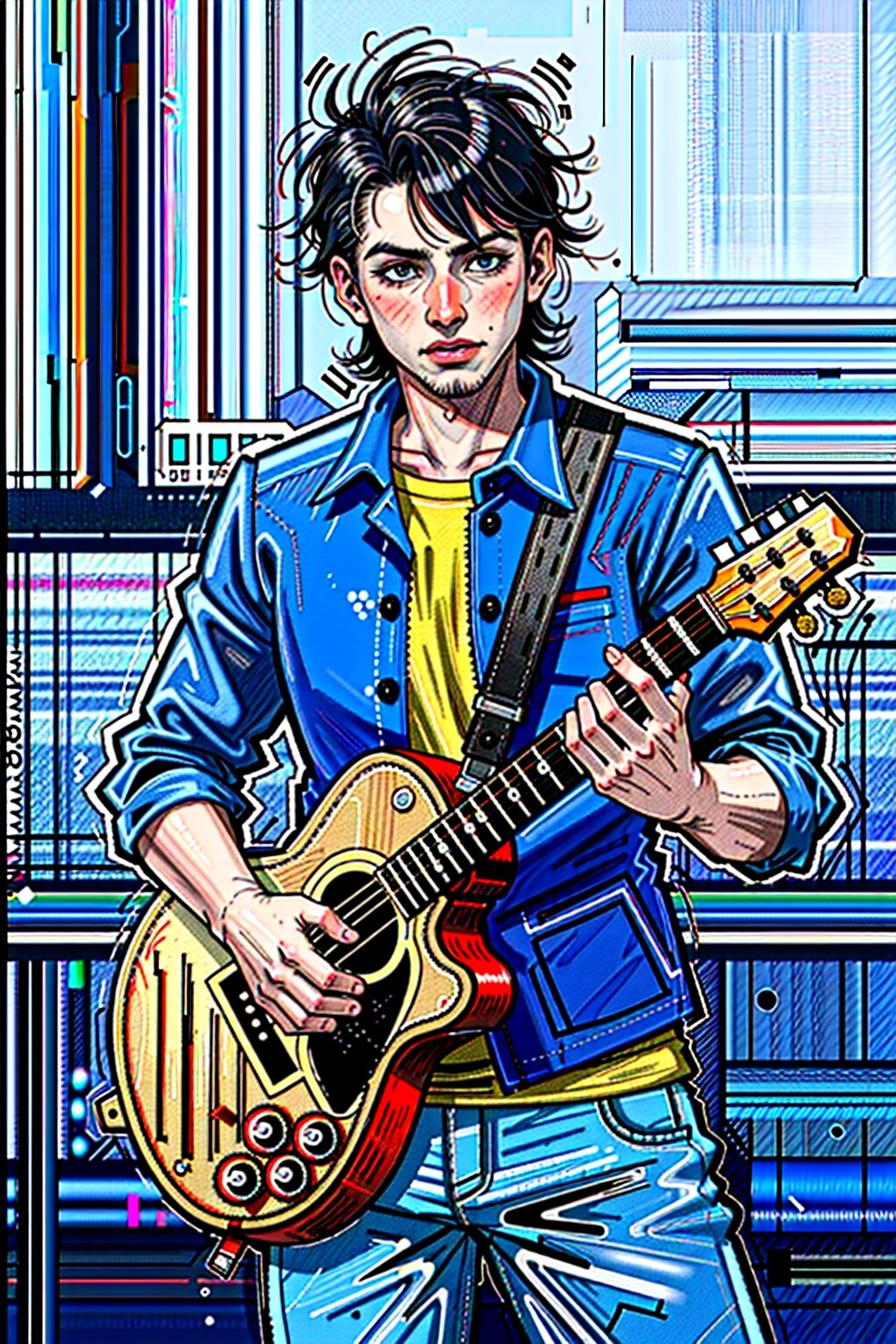 xjrex A photorealistic portrait of a male in his 20s or 30s with a grunge aesthetic. He has a low fade haircut and is wearing a flannel shirt, ripped jeans, and Converse sneakers. He is confidently strumming an acoustic guitar in a psychedelic, dreamlike environment. Every detail is meticulously rendered, showcasing his expressive face and the intricate folds of his clothing. The lighting is vibrant and enhances the overall atmosphere.