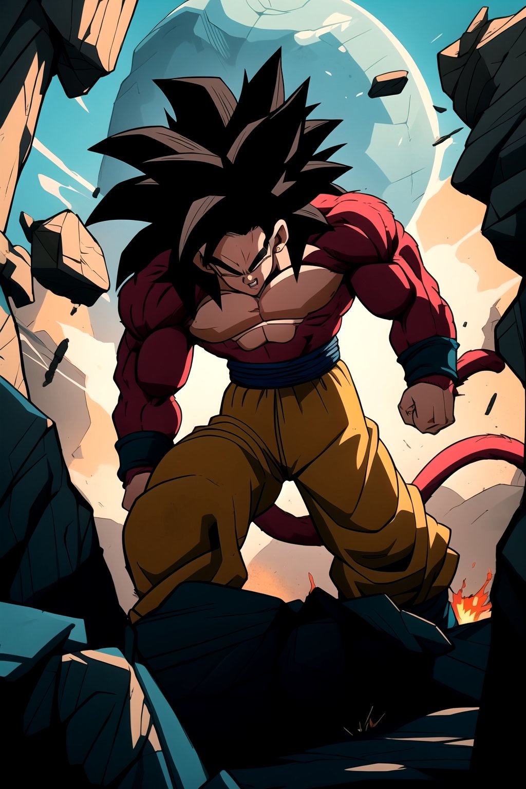 In the world of "DRAGON BALL", a dynamic and action-packed scene unfolds. The focus is on powerful and energetic characters engaged in intense battles. The main characters, Goku and Vegeta, stand at the forefront, showcasing their incredible strength and determined expressions. Their muscular and well-defined bodies are highlighted, with attention to every rippling muscle. Their spiky hair, iconic to the Dragon Ball series, is meticulously detailed.

The scene is set in a vast and vibrant landscape, with colorful exotic plants and towering cliffs. The sky above is adorned with multiple shades of blue, portraying a sense of endless adventure. Bright sunlight shines down, casting dynamic shadows on the characters and the environment. The scene is further enhanced with immersive studio lighting, emphasizing the epic nature of the battle.

One side of the battlefield features Goku, radiating an aura of fiery energy with his glowing Super Saiyan transformation. The other side showcases Vegeta, emanating a brilliant blue aura, representing his intense determination. The clash between their powers creates a dazzling display of energy beams and shockwaves. The environment shakes under the force of their attacks, with rocks and debris flying in all directions.

The overall image quality is of the highest standard, ensuring every detail is richly rendered. The image resolution is set at (best quality, 4k, 8k, highres, masterpiece:1.2) to capture the full glory of the scene. The artwork is portrayed in a realistic and photorealistic style, leading to an immersive experience.

To add a touch of drama and excitement, the color palette leans towards vibrant and vivid tones. Rich blues, fiery reds, and intense yellows dominate the image, creating a visually stunning composition. The lighting effects play a crucial role in this scene, with strategically placed highlights and shadows enhancing the depth and three-dimensionality of the characters and environment.

In summary, the prompt for this Dragon Ball-inspired artwork is:
Goku and Vegeta engage in an intense and dynamic battle scene, showcasing their incredible strength and determination. The landscape is vibrant and diverse, with exotic plants and towering cliffs. The sky above is decorated with multiple shades of blue, depicting an endless adventure. The characters' muscular and well-defined bodies are meticulously detailed, and their spiky hair is iconic. Powerful energy beams and shockwaves emanate from the clash, shaking the environment. The image quality is set at (best quality, 4k, 8k, highres, masterpiece:1.2) with a photorealistic style. The color palette is vibrant, and the lighting effects add depth and drama to the scene.