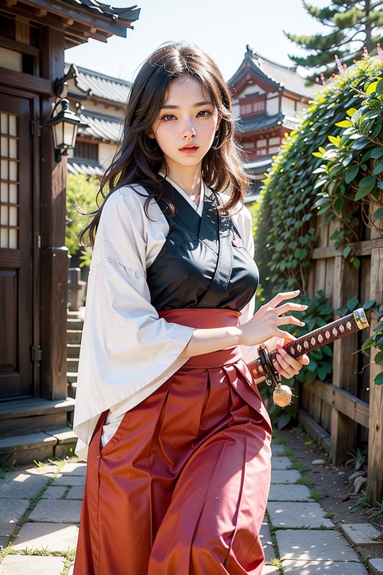 masterpiece, best quality, ultra realistic illustration, 16K, (HDR), high resolution, female_solo, slender hot body proportion, looking at viewer, big eyes, beautiful korean girl, 1 female samurai , holding sword katana+battoujutsu, (wearing highly detailed red haori+hakama skirt), full-body shot, (white long hair:1.0), (green eyes:1.0), highly detailed background of ancient Japan architecture, add More Detail,Enhance,chinatsumura,Holy light,JAR,BOTTLE,perfect light