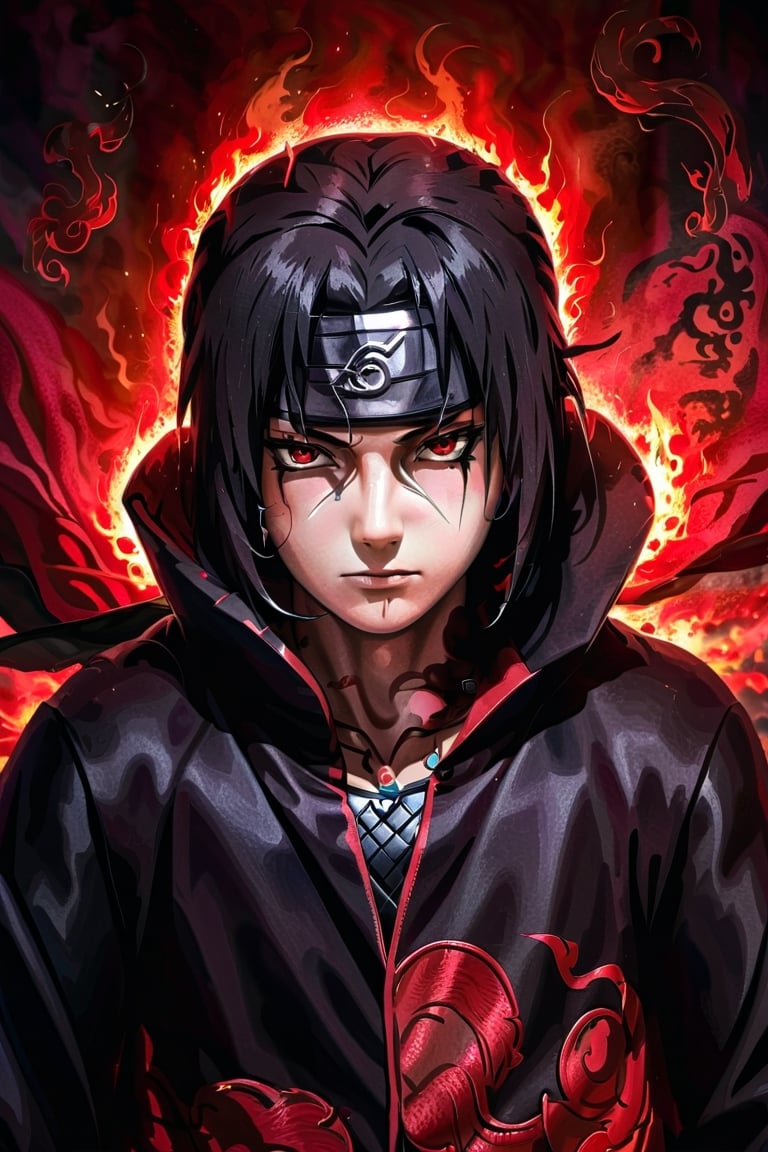 Itachi Uchiha, Sharingan eyes, blood moon background, close up, portrait, piercing gaze, intense expression, dark and mysterious atmosphere, black hair, flowing in the wind, red and black cloak, embroidered Uchiha clan symbol, detailed facial features, strong and defined jawline, intense stare, red iris with three black tomoe, illusionary powers, powerful ninja, skilled in fire style jutsu, mysterious aura, strong presence, deep shadows, dramatic lighting, haunting beauty, high contrast, chiaroscuro effect, vibrant red color scheme, ominous and eerie mood, masterful painting techniques, oil on canvas, hyperrealistic style, finest brushstrokes, intricate details, supernatural element, enigma, epic and captivating artwork. (best quality, 4k, highres, realistic:1.2), ultra-detailed, vivid colors, studio lighting