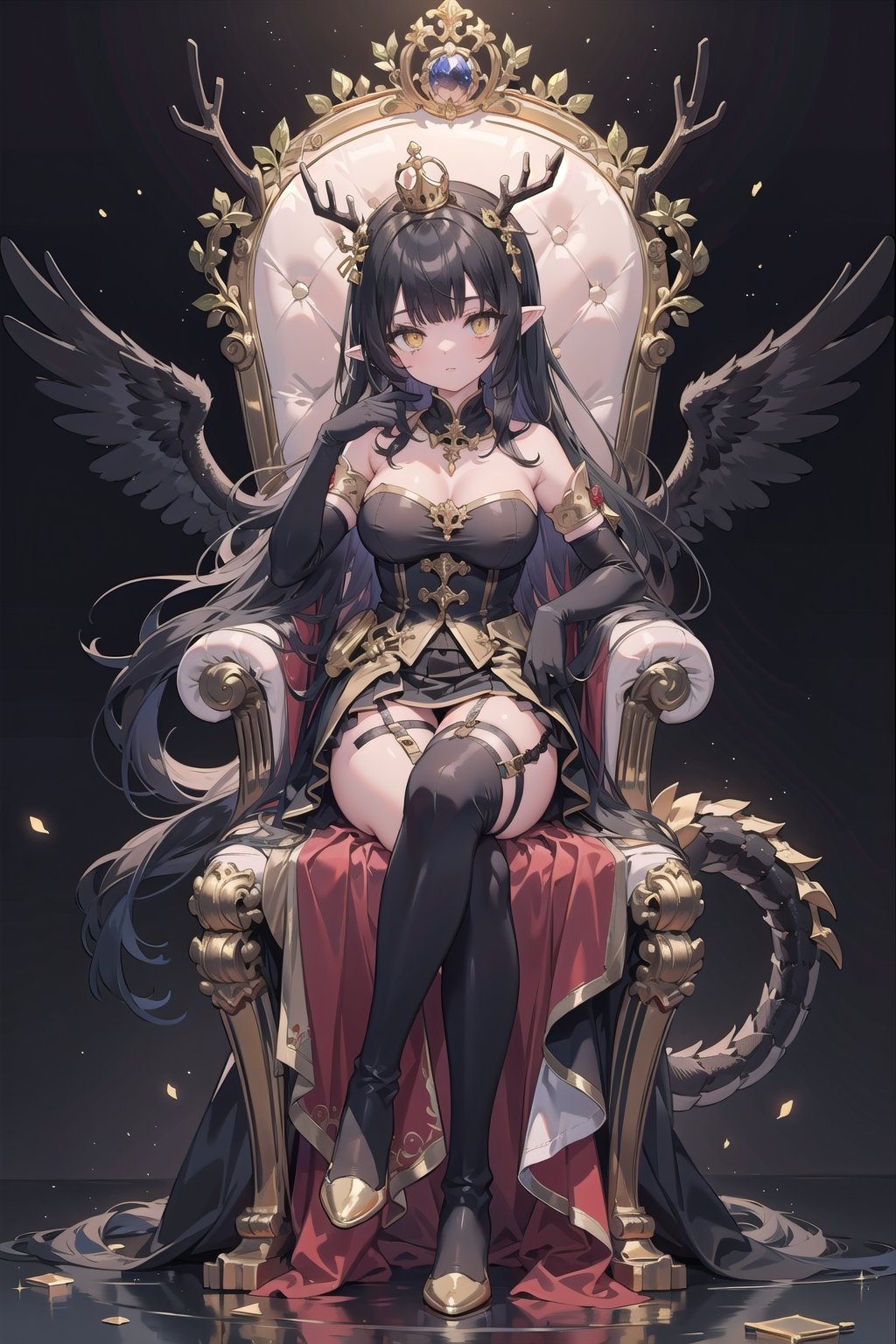 (masterpiece), best quality, high resolution, highly detailed, detailed background, perfect lighting, 1girl, black hair, gold colored inner hair, crossed bangs, long sideburns, absurdly long hair, ((golden eyes)), pointy ears, white marble glowing skin, big breasts, black princess dress, black skirt, skirt tail, strapless, backless, ((black elbow gloves)), (black garter), (black high-heel thigh boots), gold crown, dragon, (gold giant antlers, black wings, black tail), sits on throne, cross legged, hold wine glass, palace, nodf_lora, fantasy, glowing,