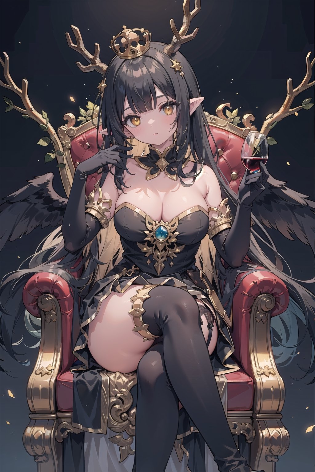 (masterpiece), best quality, high resolution, highly detailed, detailed background, perfect lighting, 1girl, black hair, gold colored inner hair, crossed bangs, long sideburns, absurdly long hair, ((golden eyes)), pointy ears, white marble glowing skin, big breasts, black princess dress, black skirt, skirt tail, strapless, backless, ((black elbow gloves)), (black garter), (black high-heel thigh boots), gold crown, dragon, (gold giant antlers, black wings, black tail), sits on throne, cross legged, hold wine glass, palace, nodf_lora, fantasy, glowing,