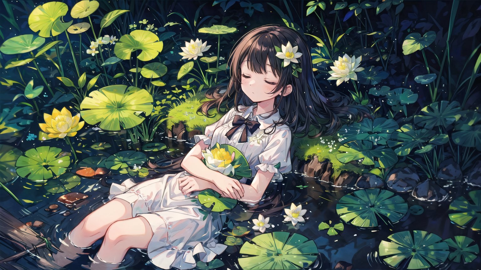 1girl, black_hair, bow, closed_eyes, dress, flower, grass, hair_bow, ladybug, leaf, lily_\(flower\), lily_of_the_valley, lily_pad, long_hair, lotus, moss, plant, short_sleeves, sleeping, solo, water, water_drop, white_bow, white_dress, white_flower, colors