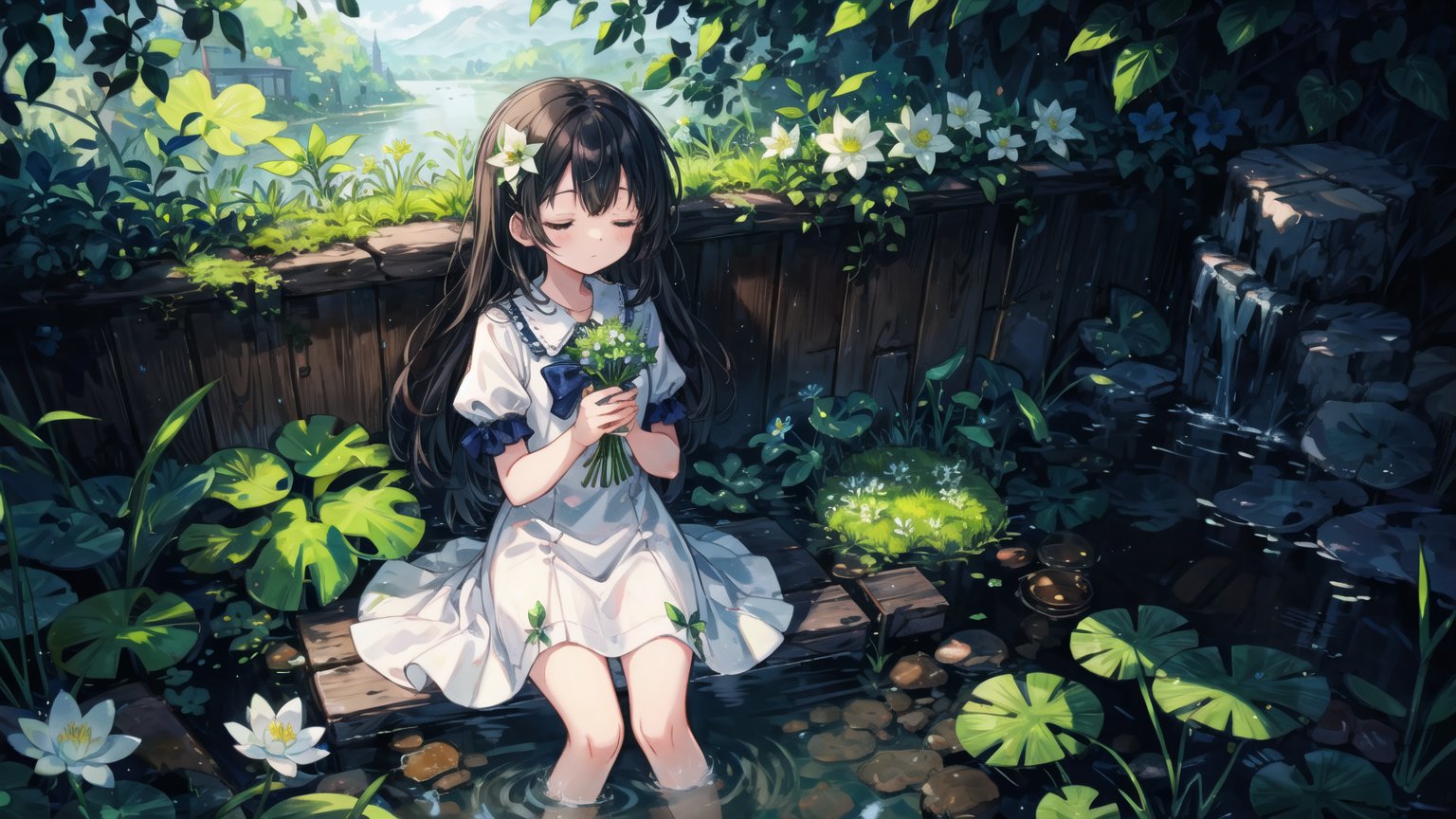 1girl, black_hair, bow, closed_eyes, dress, flower, grass, hair_bow, ladybug, leaf, lily_\(flower\), lily_of_the_valley, lily_pad, long_hair, lotus, moss, plant, short_sleeves, sleeping, solo, water, water_drop, white_bow, white_dress, white_flower, colors