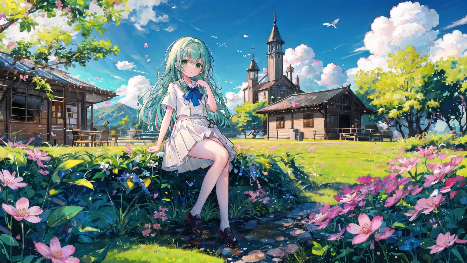 Best Quality, Super High Resolution, a girl (full body photo,) outdoors, white clothes, blue skirt, JK uniform, uniform, full chest, long legs, long hair fluttering, cherry blossom background, blue sky, White Clouds, breeze, turn your face sideways and look to the side, tutututu, lvshui-green dress, jiqing, babata, colors