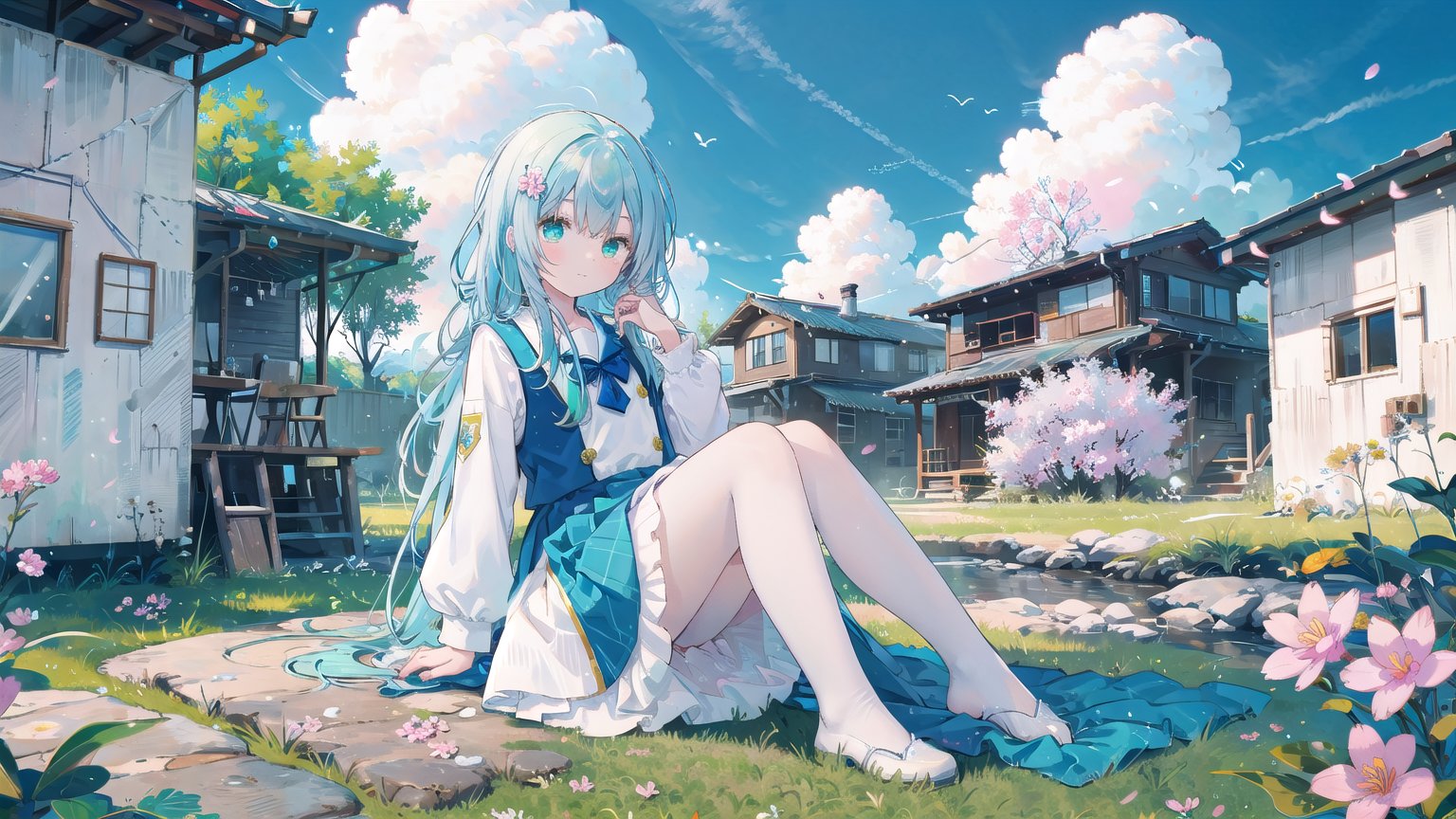 Best Quality, Super High Resolution, a girl (full body photo,) outdoors, white clothes, blue skirt, JK uniform, uniform, full chest, long legs, long hair fluttering, cherry blossom background, blue sky, White Clouds, breeze, turn your face sideways and look to the side, tutututu, lvshui-green dress, jiqing, babata, colors