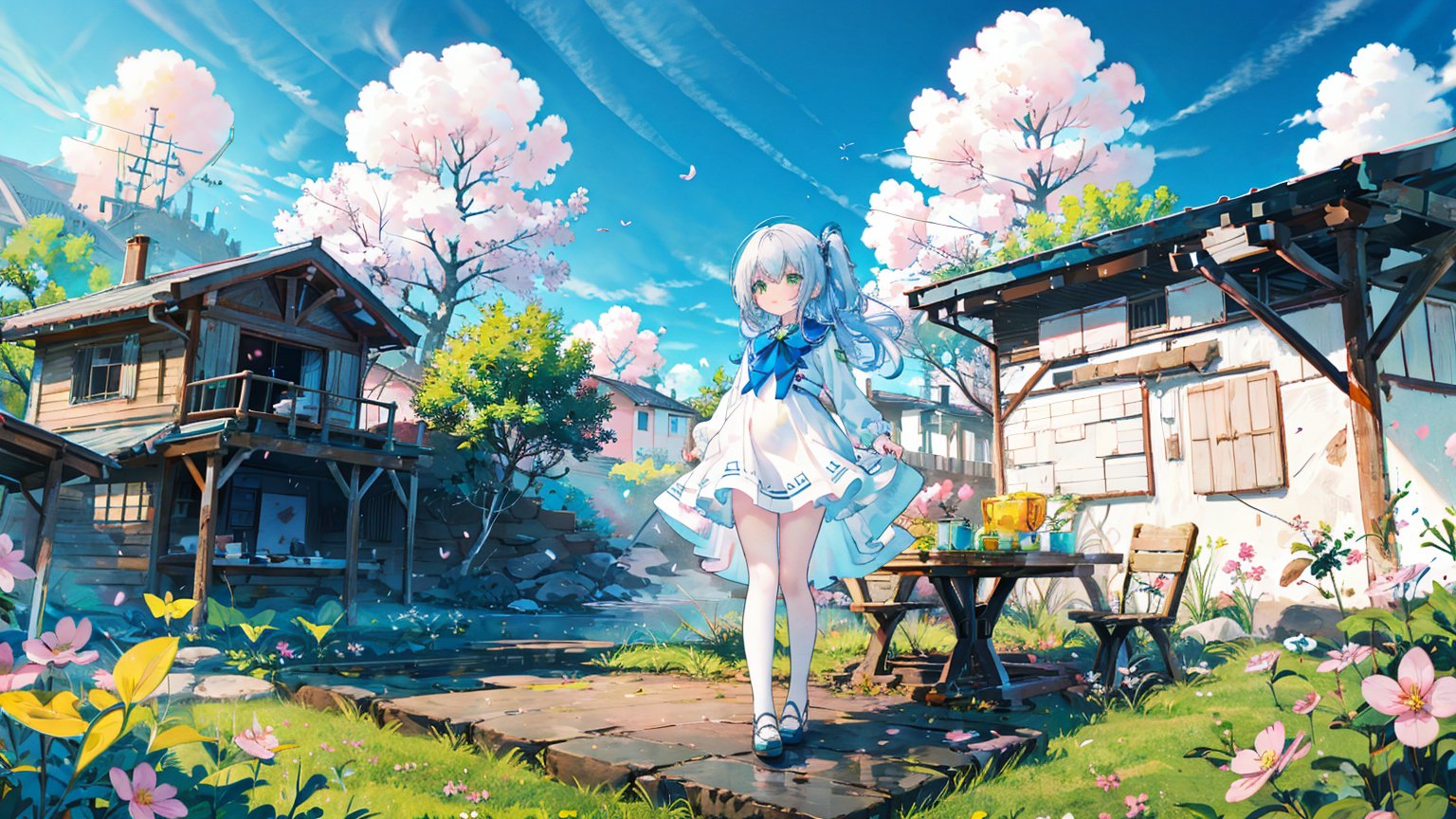 Best Quality, Super High Resolution, a girl (full body photo,) outdoors, white clothes, blue skirt, JK uniform, uniform, full chest, long legs, long hair fluttering, cherry blossom background, blue sky, White Clouds, breeze, turn your face sideways and look to the side, tutututu, lvshui-green dress, jiqing, babata, colors