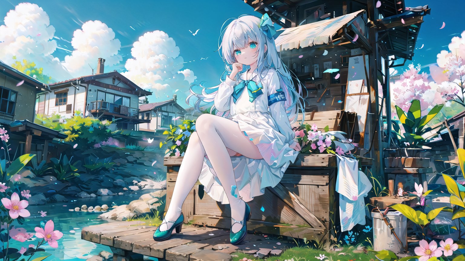 Best Quality, Super High Resolution, a girl (full body photo,) outdoors, white clothes, blue skirt, JK uniform, uniform, full chest, long legs, long hair fluttering, cherry blossom background, blue sky, White Clouds, breeze, turn your face sideways and look to the side, tutututu, lvshui-green dress, jiqing, babata, colors