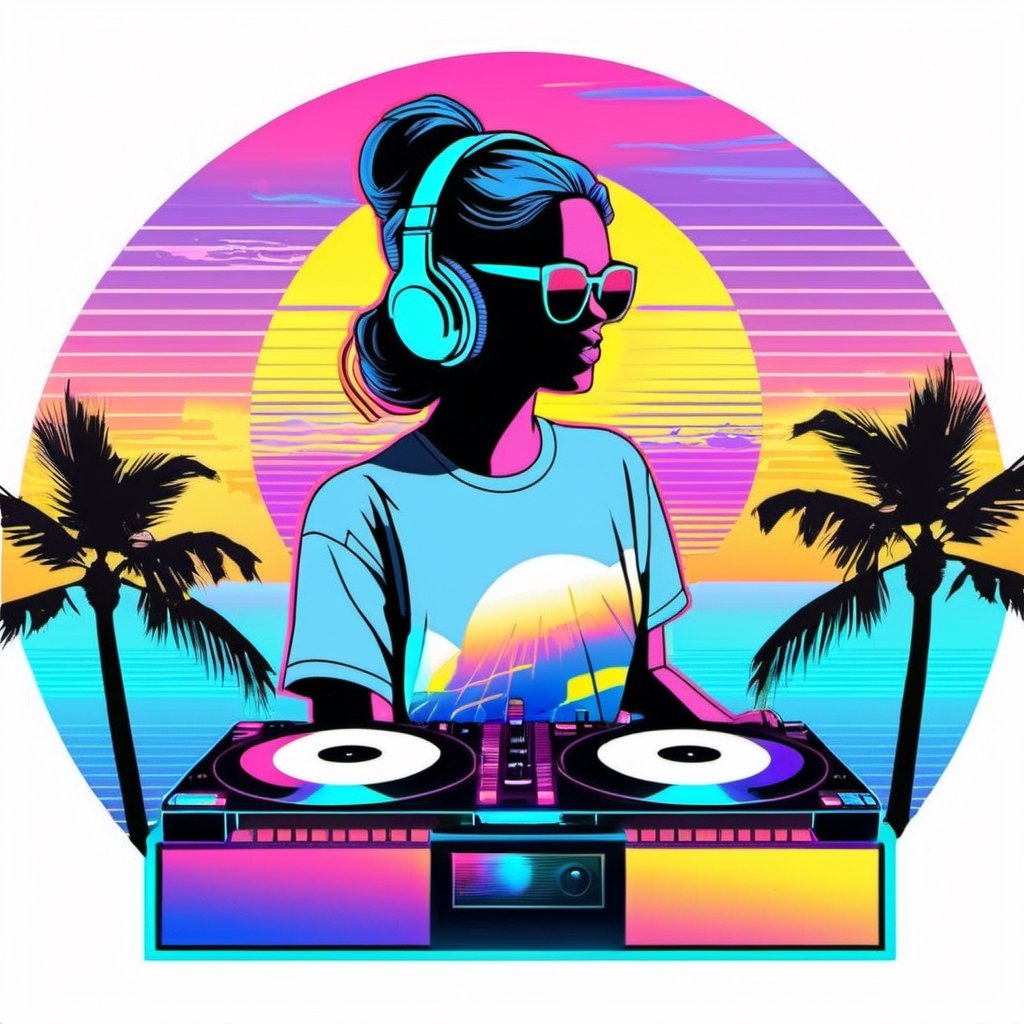 Prompt: 1female dj in front of the sunset, vaporwave style, neon style, smooth lines, vector sticker art, vector core, intricate details, black t-shirt design, 8k,PoP art,vapor_graphic,more detail XL