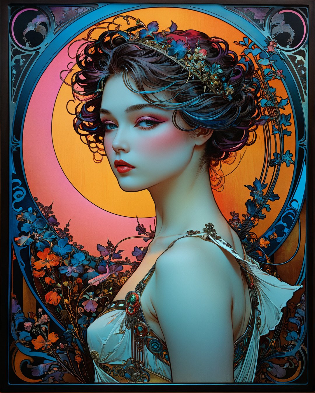 Art Nouveau in the style of Alphonse Mucha, Art style by Masamune Shirow, neon art nouveau, long exposure, wimmelbilder, layered lines, neonpunk, chiaroscuro, best quality, masterpiece, highres, wallpaper, colorful,8K,RAW photo , artchlr,vector, vivid colors, guitar punk, punk style, dystopian stage, masterpiece, best quality, intricate details, perfect symmetrical face, rim light, moonlight , cinematic shading, Greg Rutkowisk, art nouveau