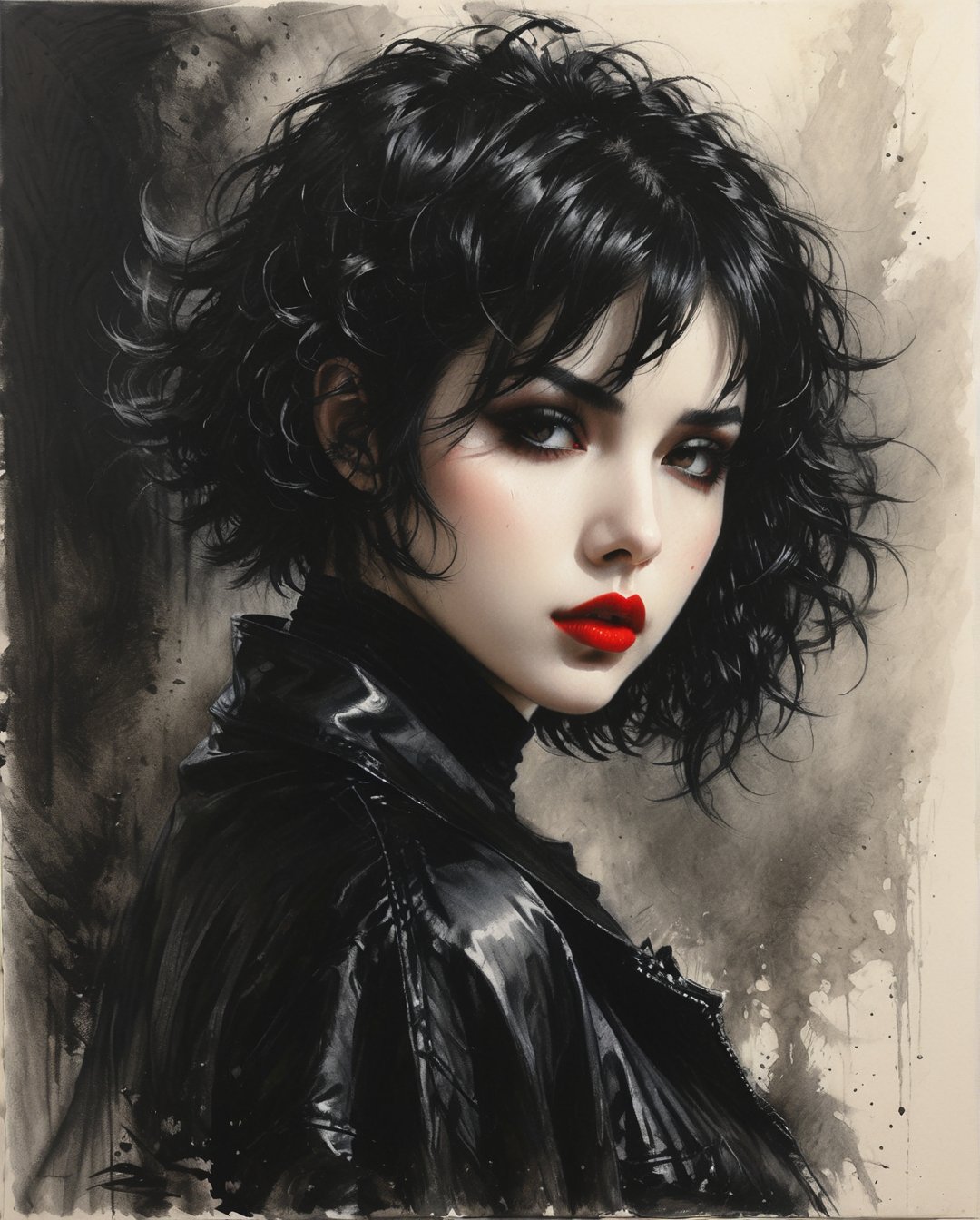 a full-body, high-resolution anime style of a rebellious teenage female goth with short curly black hair, thin face, intense red lips, gothic fashion, inspired by the works of Yoshiaki Kawajiri, vibrant and edgy, with dramatic lighting and dynamic composition, in the style of Bernie Wrightson, Anders Zorn, Alexi Brilo, Luis Royo, extremely detailed, dark, charcoal drawing, black pencil drawing,