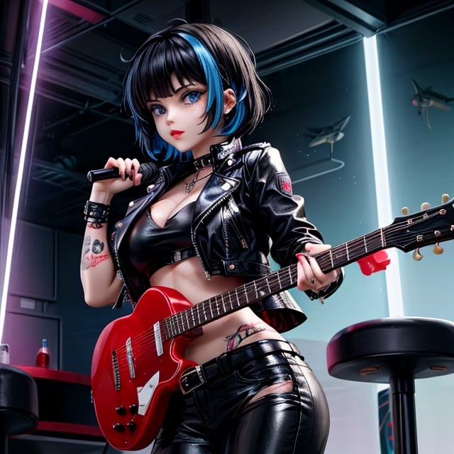 one female futuristic punk rocker, co-owner of Stellar Travelers named Luna, with pale skin color, a wild haircut, jet black hair, electric blue eyes, a black leather jacket, and ripped black leather pants. 