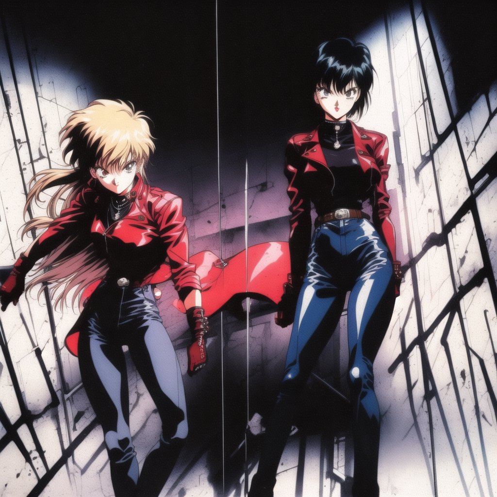a full-body, high-resolution anime style of a rebellious female punk rocker with 80s-style gothic hair, intense red lips, leather jacket, and tight leather pants, inspired by the works of Yoshiaki Kawajiri, vibrant and edgy, with dramatic lighting and dynamic composition,N1njaScroll,90s,1990s (style)