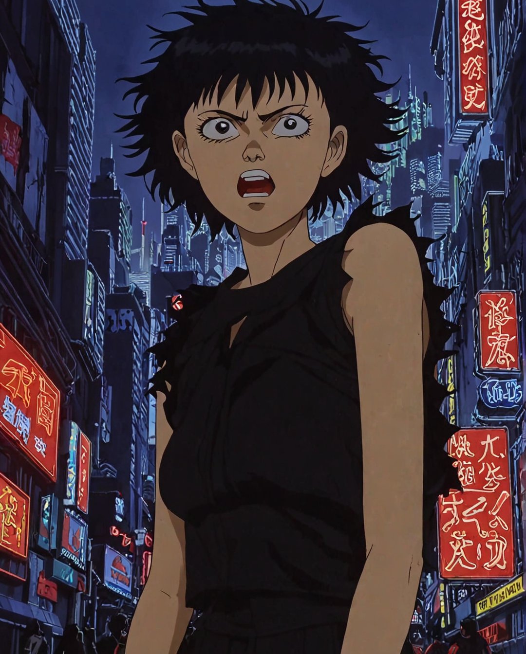 a frame of a animated film of  a full-body, high-resolution anime style of a rebellious teenage female goth with short curly black hair, thin face, intense red lips, gothic fashion, inspired by the works of Yoshiaki Kawajiri, vibrant and edgy, with dramatic lighting and dynamic composition, neon lights, new tokyo, 1girl, solo, style akirafilm 