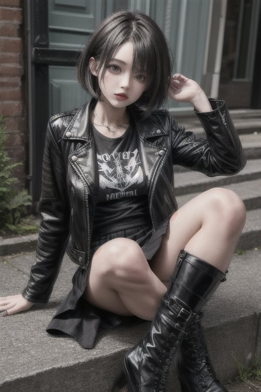 modelshoot, goth girl, black mini skirt, black t-shirt, black leather jacket, black boots, fair skin, glossy skin, gourges face, black short hair.