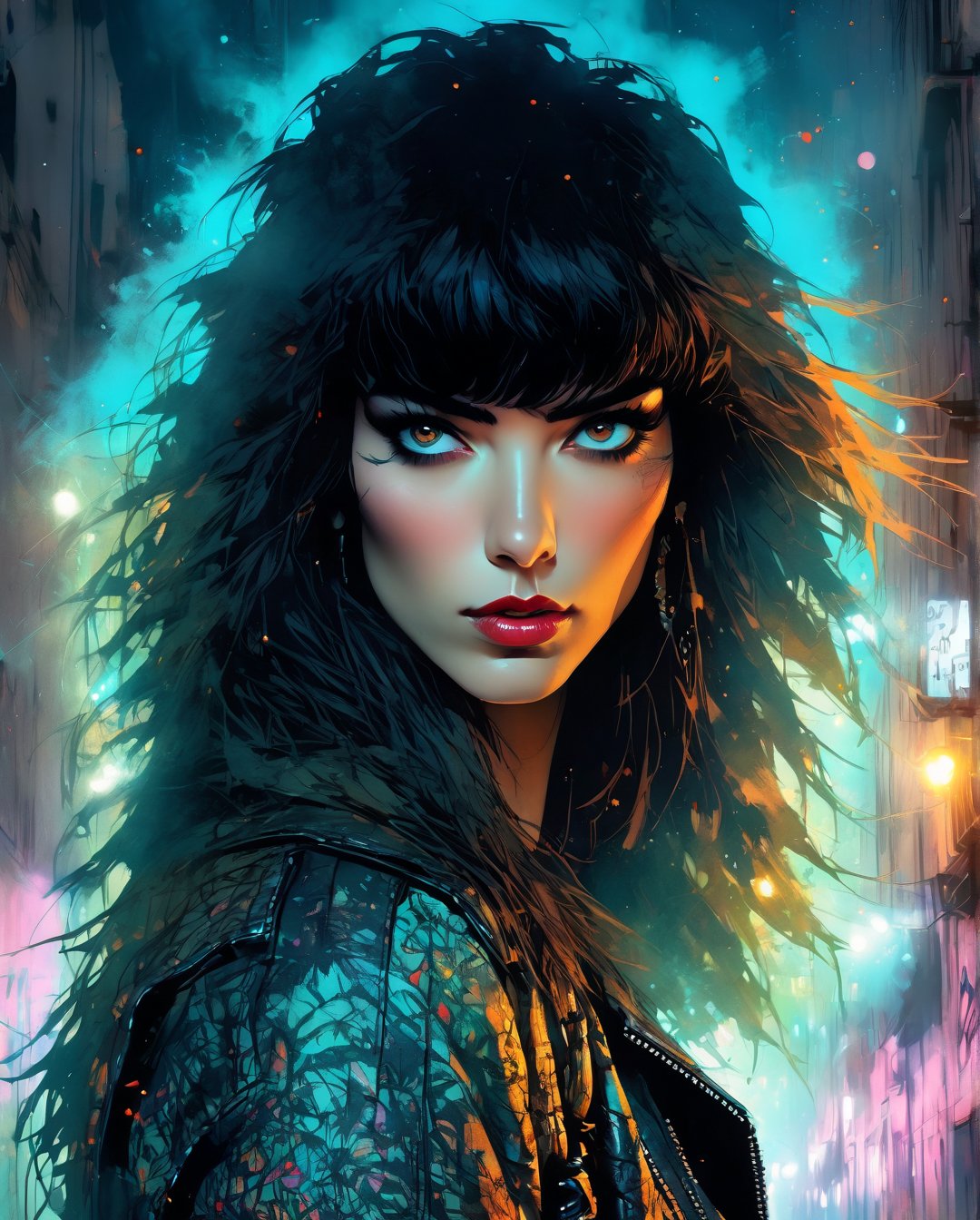 (head shot by Carne Griffiths, Conrad Roset), Masterpiece, photorealistic, highly detailed, a young woman with smooth  dark long black hair with bangs and black eyes and black lips, wearing leather jacket and leather pants, standing, looking at camera, in a gloomy smoke filled alley at night with a full moon