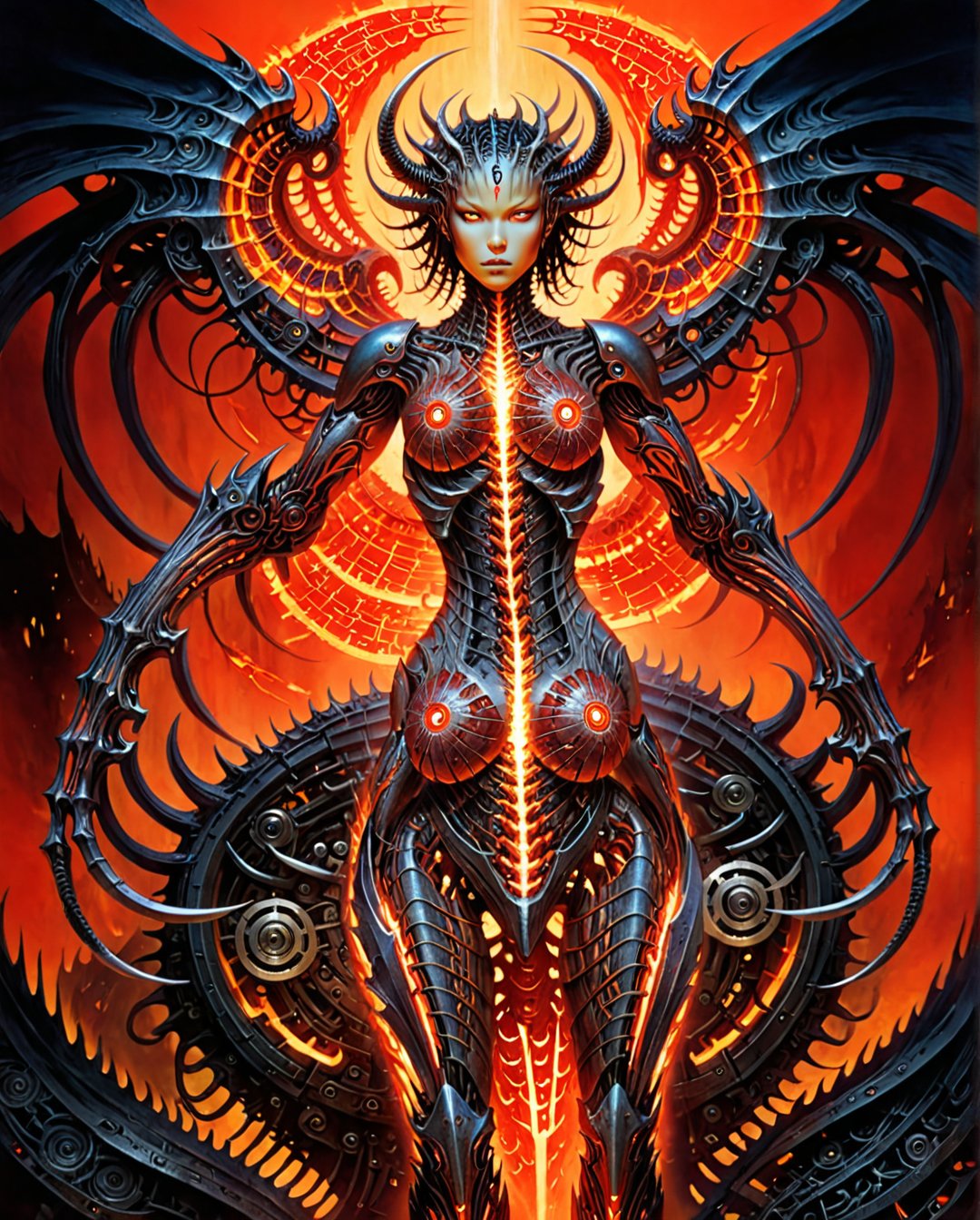 1 female,  beautiful
biomechanical
gradient detailed arms detailed body mechanical arms 
lava
demons, glowing  runes
art by Tsutomu Nihei gerald-brom