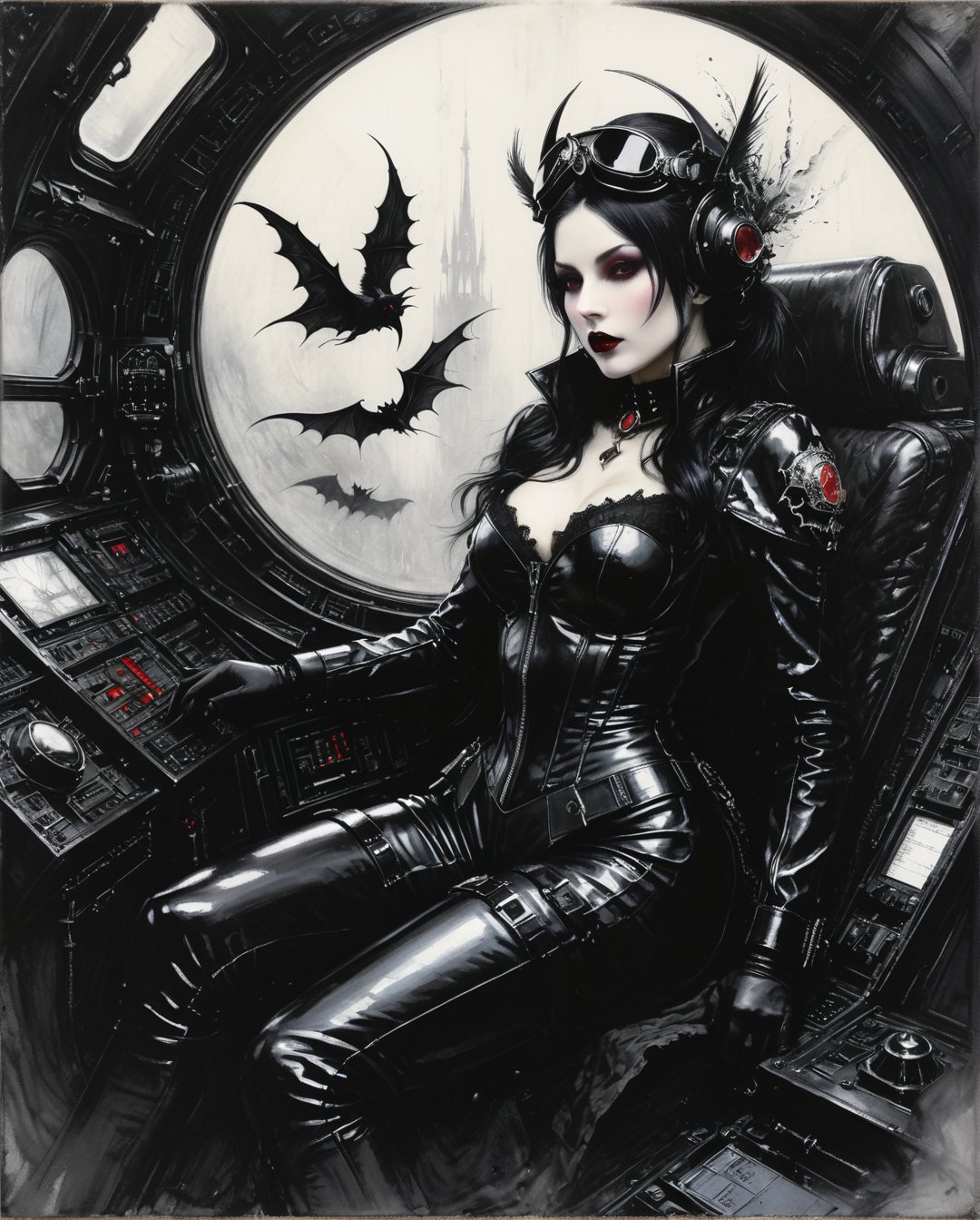 Art style by amano yoshitaka, ((mature)) gothic lying ((in a ruby goth cockpit)), (lying on a baroque pilot cockpit), ((gothic control panels everywhere)), (headgear), ((mature)), ruby cockpit, ((vampiric cockpit)), iridescent pilot bodysuit, lace accesories, ((serious tone)), elegant, futuristic, vampiric, full body view from above, action pose, (fisheye), [close up], dark place, dramatic lighting, intricate control panel details, steaming, 1990s (style), in the style of nicola samori, detailed 8k horror artwork,, in the style of Bernie Wrightson, Anders Zorn, Alexi Brilo, Luis Royo, extremely detailed, dark, charcoal drawing, black pencil drawing,