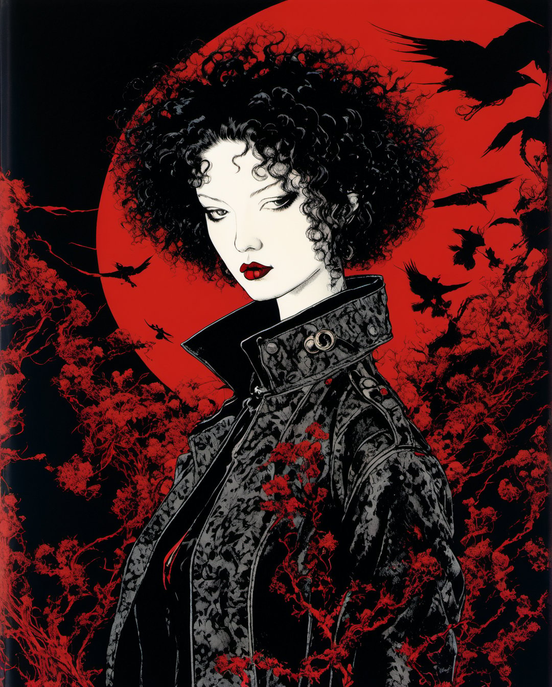 Art style by amano yoshitaka, a full-body, high-resolution anime style of a rebellious teenage female goth with short curly black hair, thin face, intense red lips, gothic fashion, inspired by the works of Yoshiaki Kawajiri, vibrant and edgy, with dramatic lighting and dynamic composition