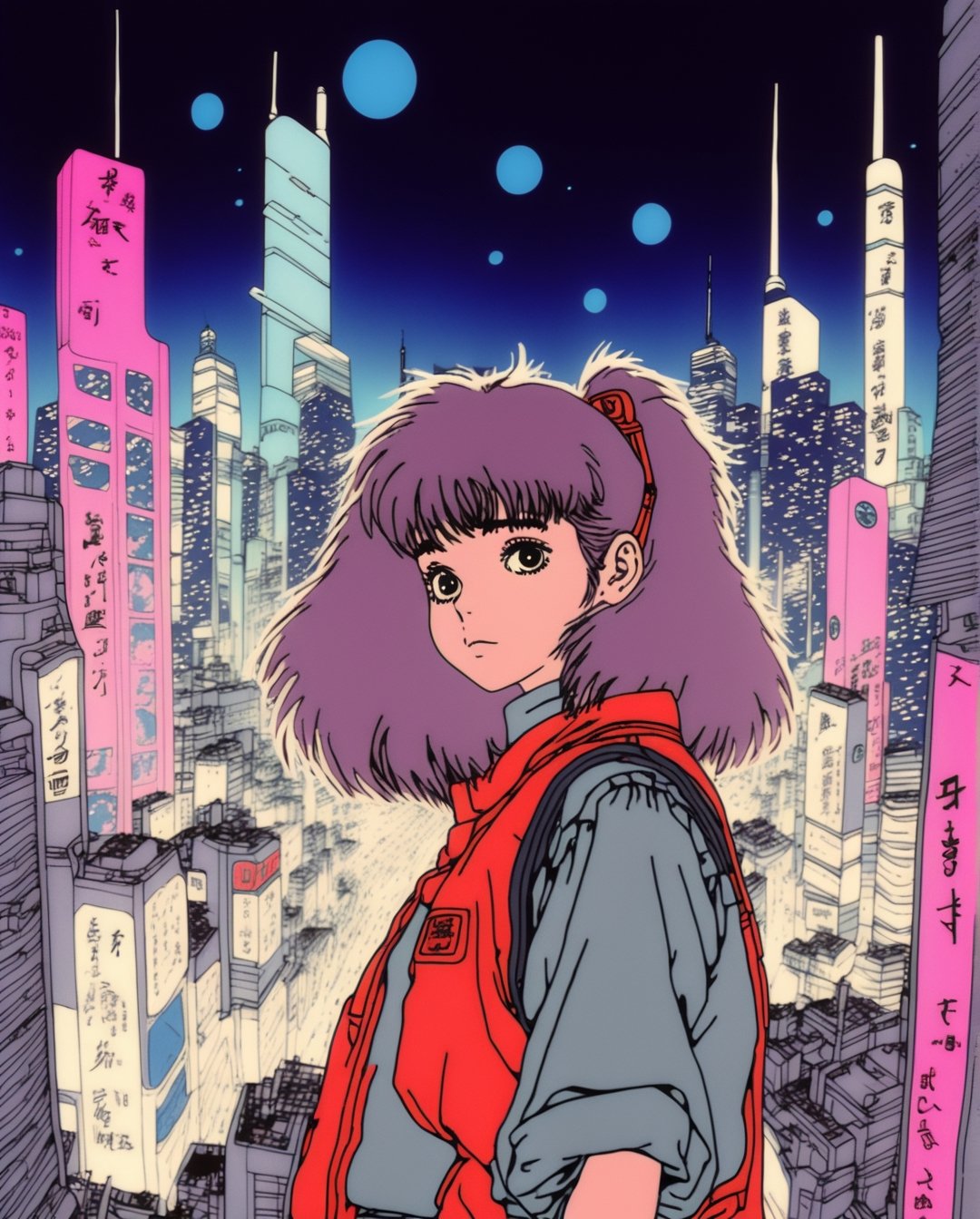 80s aesthetic that includes anime, beautiful girl lookin above with futuristic heather clothes in Tokyo in 1980, light indian ink, Akira distopic city, illustration by Hayao Miyazaki
