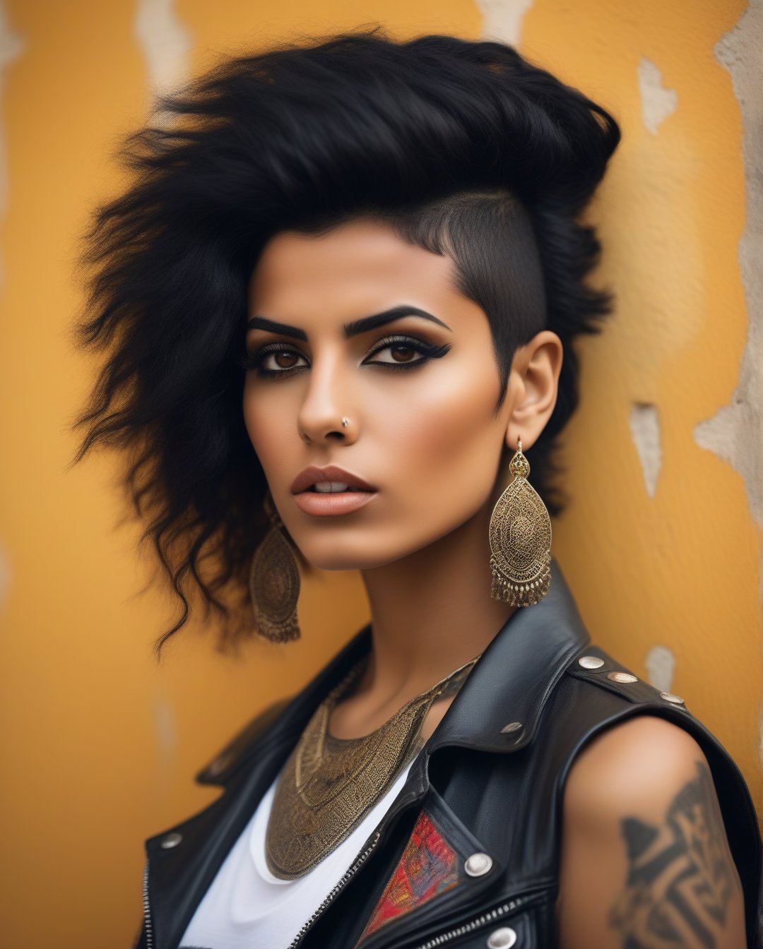 A rebellious Saudi Arabian woman, her black hair styled into a punk rock inspired look, complements her brown eyes and light brown tan skin. The image, possibly a vibrant painting or a striking photograph, captures her bold and unique style with precision. Every detail, from her edgy clothing to her unconventional appearance, exudes an air of confidence and individuality. The high quality of the image allows viewers to truly appreciate the essence of her unconventional beauty and self-expression.