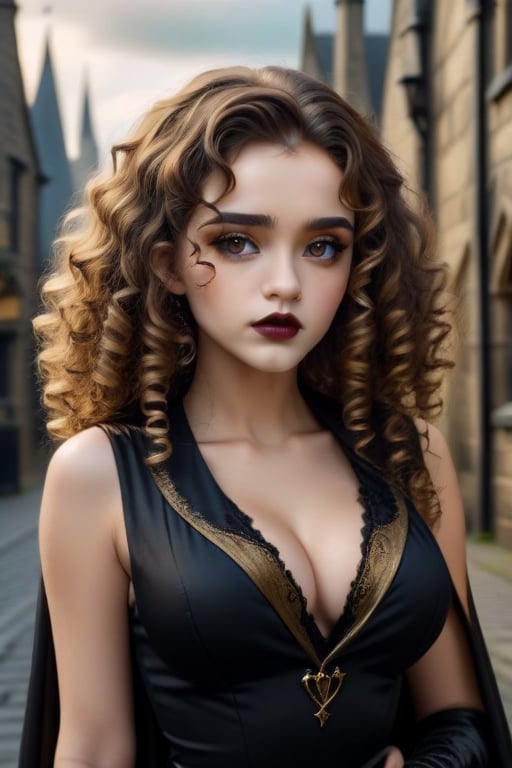 ((best quality)), ((masterpiece)), (detailed), perfect face,a gothic glamorous beautiful girl, photograph, hogwards in the background, make background blur, black V neck cut showing big chests, sleeveless cloths, black and golden color curly hair, small mole on her right chin near her lips, seductive look.elegance look, proud look