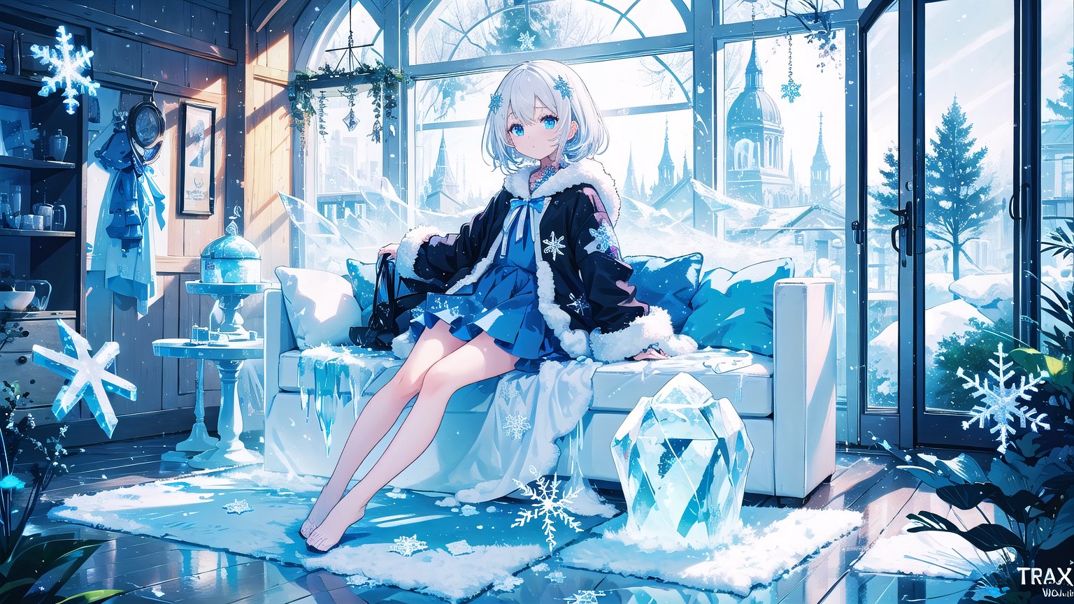 masterpiece,best quality,1girl,loli,Traptrix,snowflake,white hair,Tattoos,Ice sculpture, colors