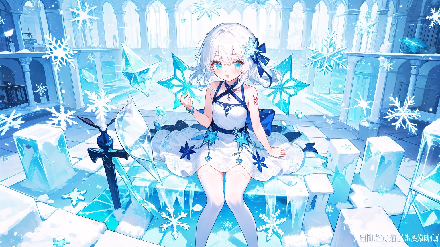 masterpiece,best quality,1girl,loli,Traptrix,snowflake,white hair,Tattoos,Ice sculpture, colors