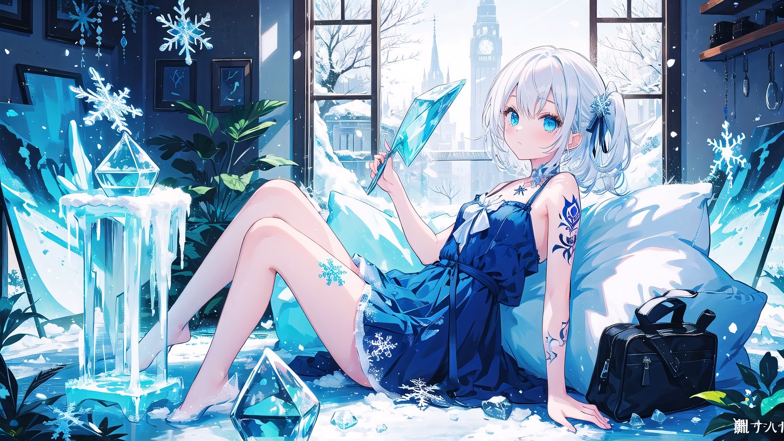 masterpiece,best quality,1girl,loli,Traptrix,snowflake,white hair,Tattoos,Ice sculpture, colors