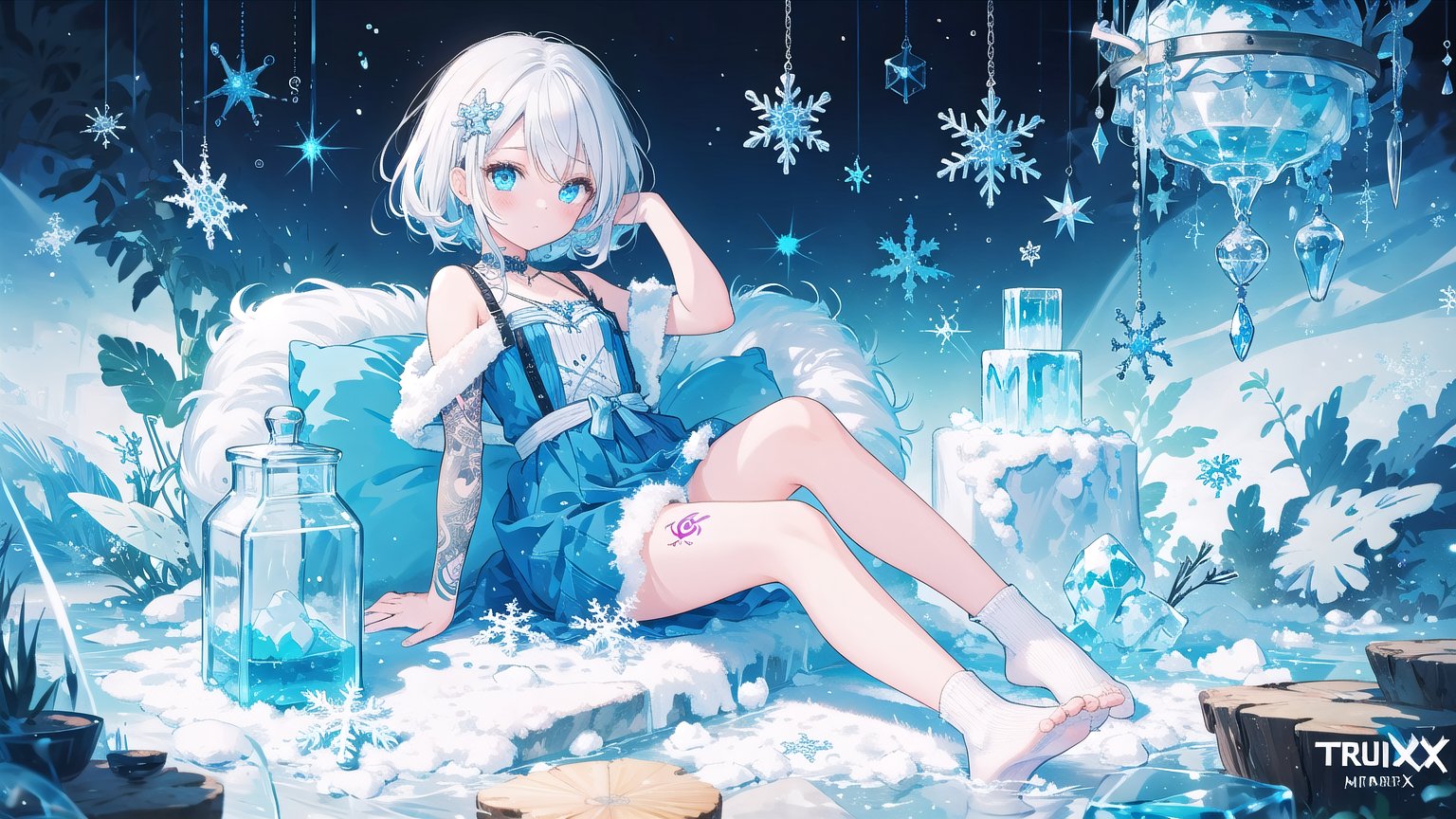 masterpiece,best quality,1girl,loli,Traptrix,snowflake,white hair,Tattoos,Ice sculpture, colors