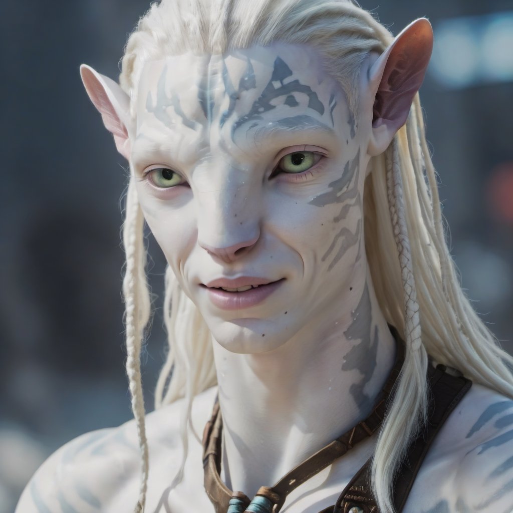 An albino Na'vi, male, smiling, ((white_skin)), ((albinism)), ((white_hair)), pale (barely visible) stripes, white color palette, beautiful na'vi, action scene, portrait view, realistic_eyes, hyper_realistic, extreme details, HDR, 4k quality, perfect quality, perfect image, HD quality, movie scene,Read description,ADD MORE DETAIL