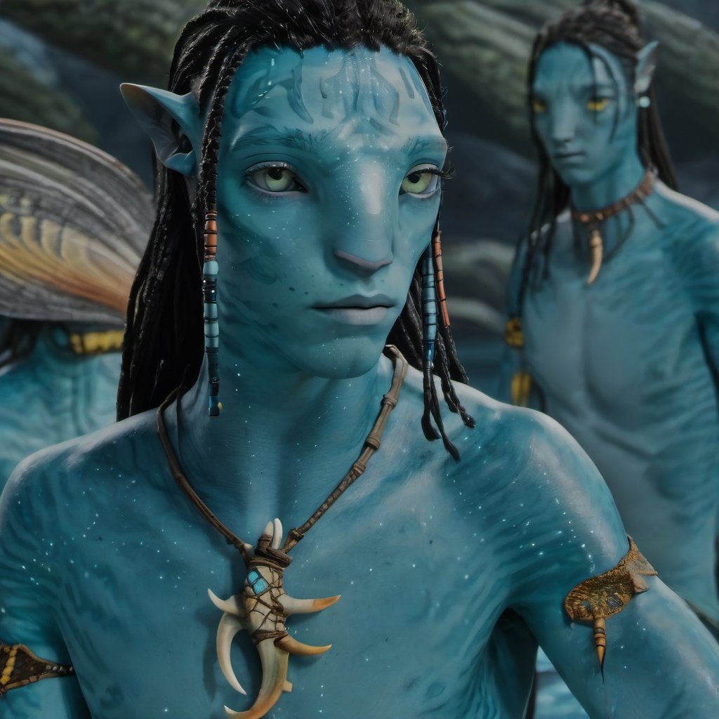 Lo'ak as a reef Na'vi, male, realistic Lo'ak, turquoise_skin, yellow_eyes, Metkayina, beautiful na'vi, looking-at-viewer, facing_viewer, Ronal, Tsireya, Aonung, skin details, skin pores, realistic_eyes, hyper_realistic, extreme details, HDR, 4k quality, perfect quality, HD quality, movie scene,Read description,ADD MORE DETAIL