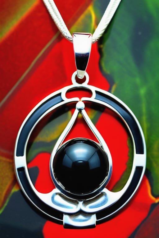 Hd, complex_background, masterpiece, sterling silver pendant with round black onyx cabochon  