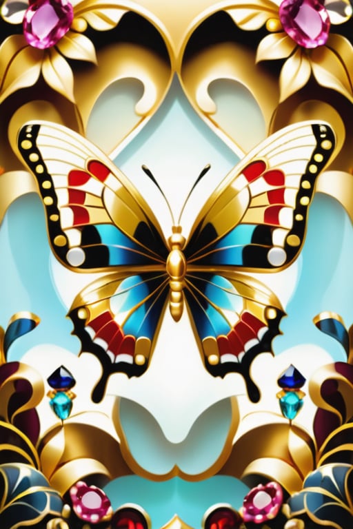 Hd, complex_background, masterpiece, golden butterfly covered in various precious stones to complete complex patterns,