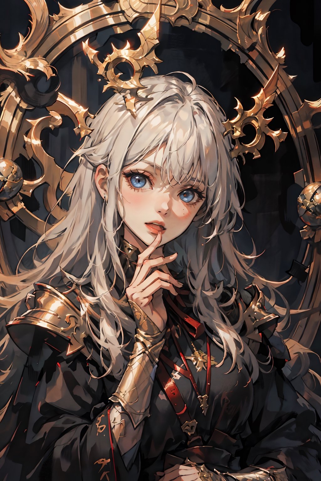 high quality, higher details, masterpiece, beautiful, 4k, 8k, epic (medium long shot), 1 girl, blonde woman, with detailed golden mask on her face, her eyes cannot be seen, elegant red dress, posing for portrait, portrait, dark age, white background, illuminated place, hands in prayer position, detailed ornaments hanging from the neck ,
,fantasy,perfect,hehe,nodf_lora