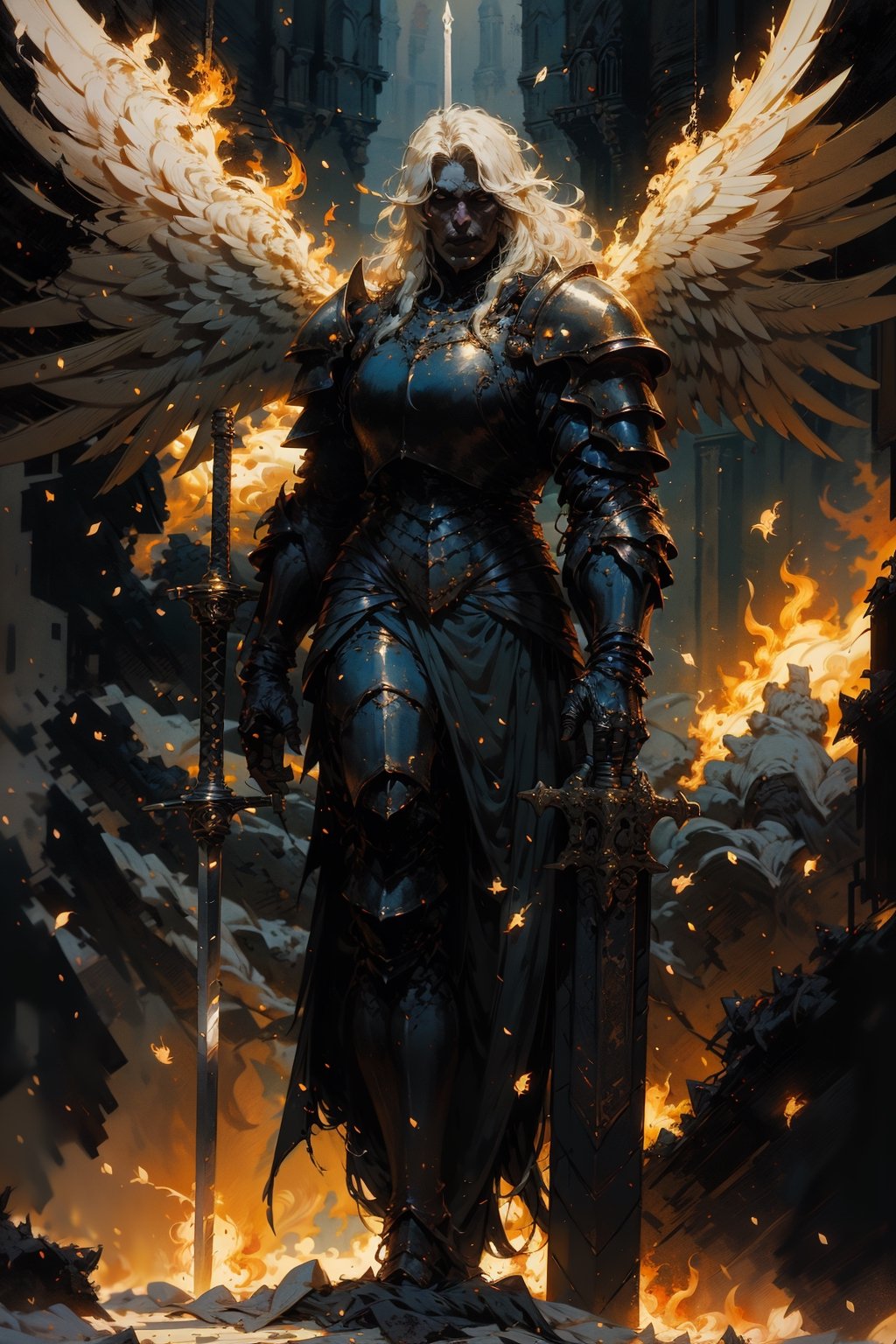 high quality, higher details, masterpiece, beautiful, 4k, 8k, epic (full shot plane), medieval knight with demonic features, heavy metal armor, tense, dramatic scene, muscle, detailed armor, lots of detail, high quality, lots of lighting,grabing sword, sword, fire, swords in floor ,Angel