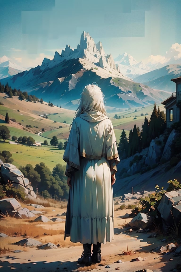 high quality, higher details, masterpiece, beautiful, 4k, 8k, epic ((full shot)),1 woman standing with his back to the camera with white clothes and golden hair on a hill of rocks looking into the distance at the landscape of mountains and vegetation,nodf_lora