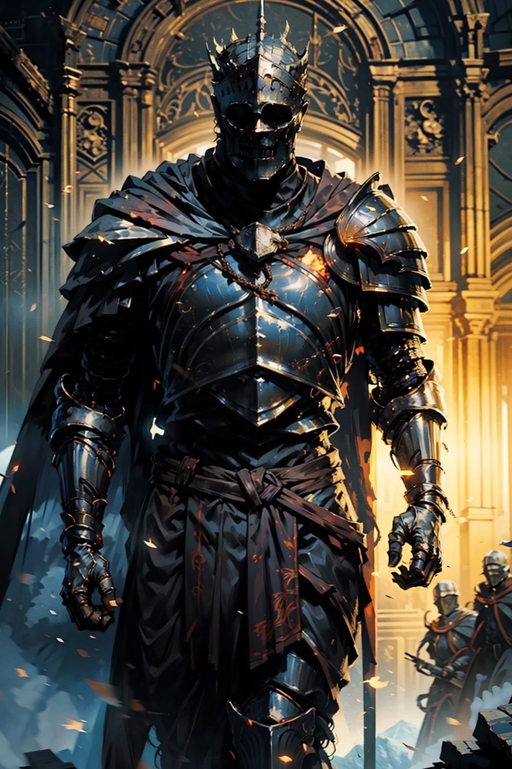 high quality, higher details, masterpiece, beautiful, 4k, 8k, epic ((full shot)), knight's high-ranking armor

The armor of a high-ranking knight would be impressive and elaborate, designed for both protection and to showcase their status and power. It would be made of the highest-quality tempered steel or forged iron, with intricate handcrafted details and gold or silver ornamentation denoting their authority.

The helm would be imposing, with a decorated visor and additional face and neck protection. Adornments on the helm might include protruding feathers or crests, indicating their status as a military leader or noble.

The breastplate and pauldrons would be broad and sturdy, providing maximum protection for the torso and shoulders. They would be decorated with heraldic emblems identifying their lineage and loyalties.

The greaves and sabatons would be designed to protect the legs and feet while allowing necessary mobility on the battlefield. They might feature intricate engravings reflecting the knight's history and deeds.

In addition to the main armor, the knight might wear an elaborate cape of bright colors, adorned with symbols of their house or kingdom. This cape would not only provide some additional protection but also add a touch of elegance and majesty to their appearance.

Overall, the armor of a high-ranking knight would be an impressive and functional work of art, reflecting their status, power, and skill in battle.,Soul_of_Cinder,Artorias,nodf_lora