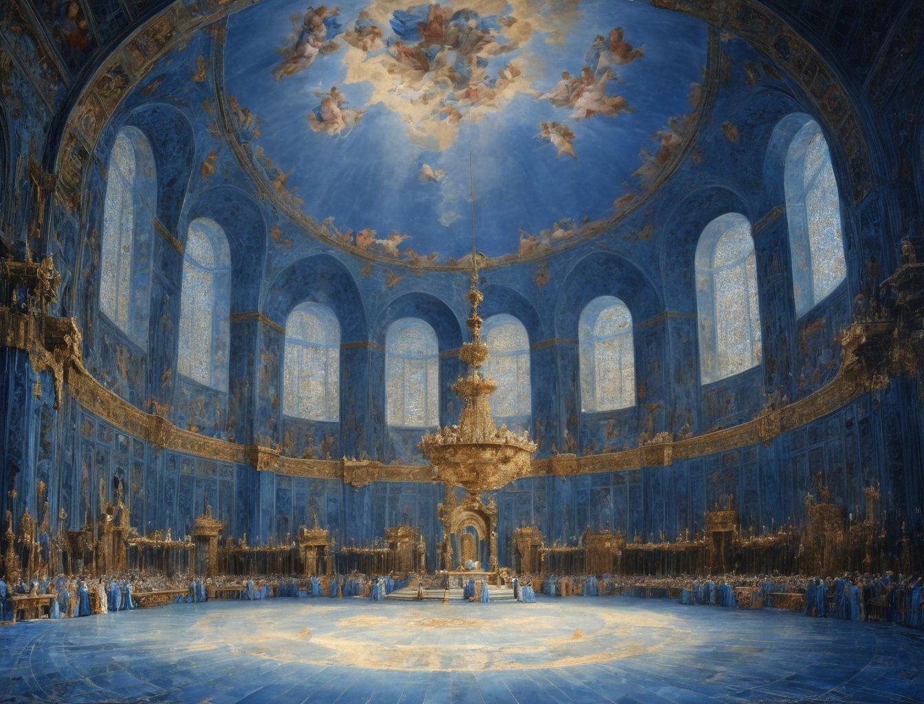 high quality, higher details, masterpiece, beautiful,

a large room representing the elite with worshipers in blue tones

