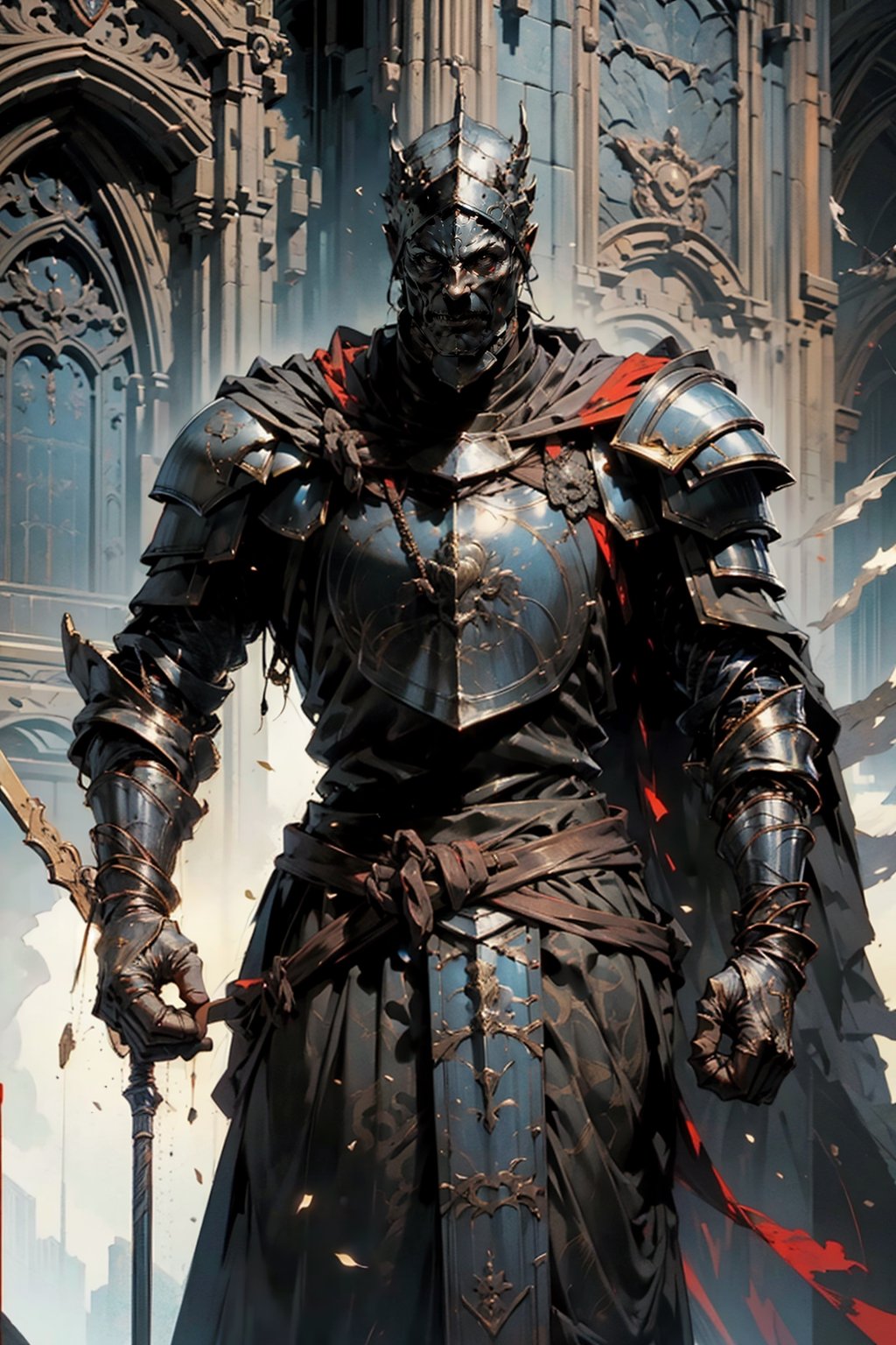 high quality, higher details, masterpiece, beautiful, 4k, 8k, epic ((full shot)), knight's high-ranking armor

The armor of a high-ranking knight would be impressive and elaborate, designed for both protection and to showcase their status and power. It would be made of the highest-quality tempered steel or forged iron, with intricate handcrafted details and gold or silver ornamentation denoting their authority.

The helm would be imposing, with a decorated visor and additional face and neck protection. Adornments on the helm might include protruding feathers or crests, indicating their status as a military leader or noble.

The breastplate and pauldrons would be broad and sturdy, providing maximum protection for the torso and shoulders. They would be decorated with heraldic emblems identifying their lineage and loyalties.

The greaves and sabatons would be designed to protect the legs and feet while allowing necessary mobility on the battlefield. They might feature intricate engravings reflecting the knight's history and deeds.

In addition to the main armor, the knight might wear an elaborate cape of bright colors, adorned with symbols of their house or kingdom. This cape would not only provide some additional protection but also add a touch of elegance and majesty to their appearance.

Overall, the armor of a high-ranking knight would be an impressive and functional work of art, reflecting their status, power, and skill in battle.,Soul_of_Cinder,Artorias,nodf_lora,weapon