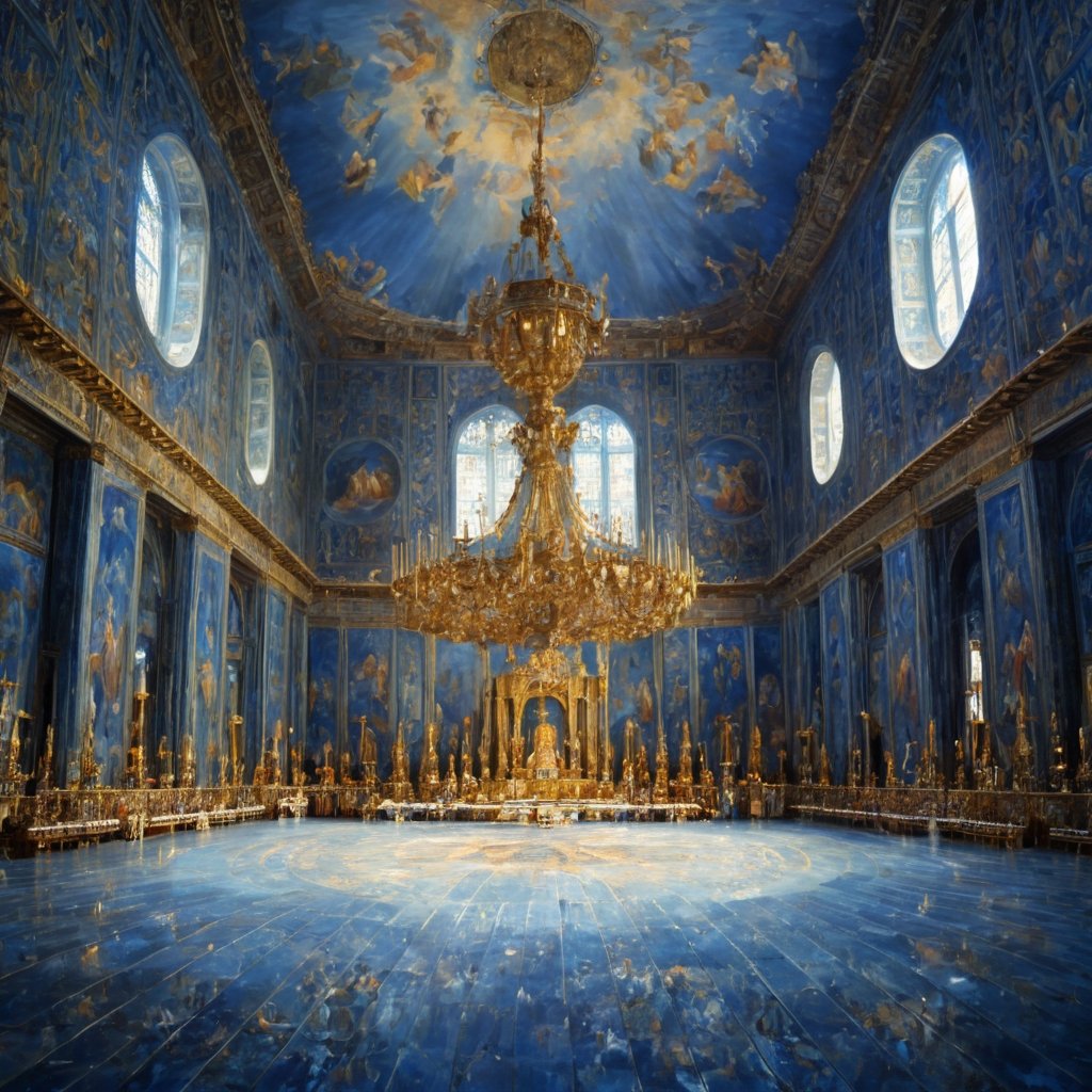 high quality, higher details, masterpiece, beautiful,

a large room representing the elite with worshipers in blue tones

